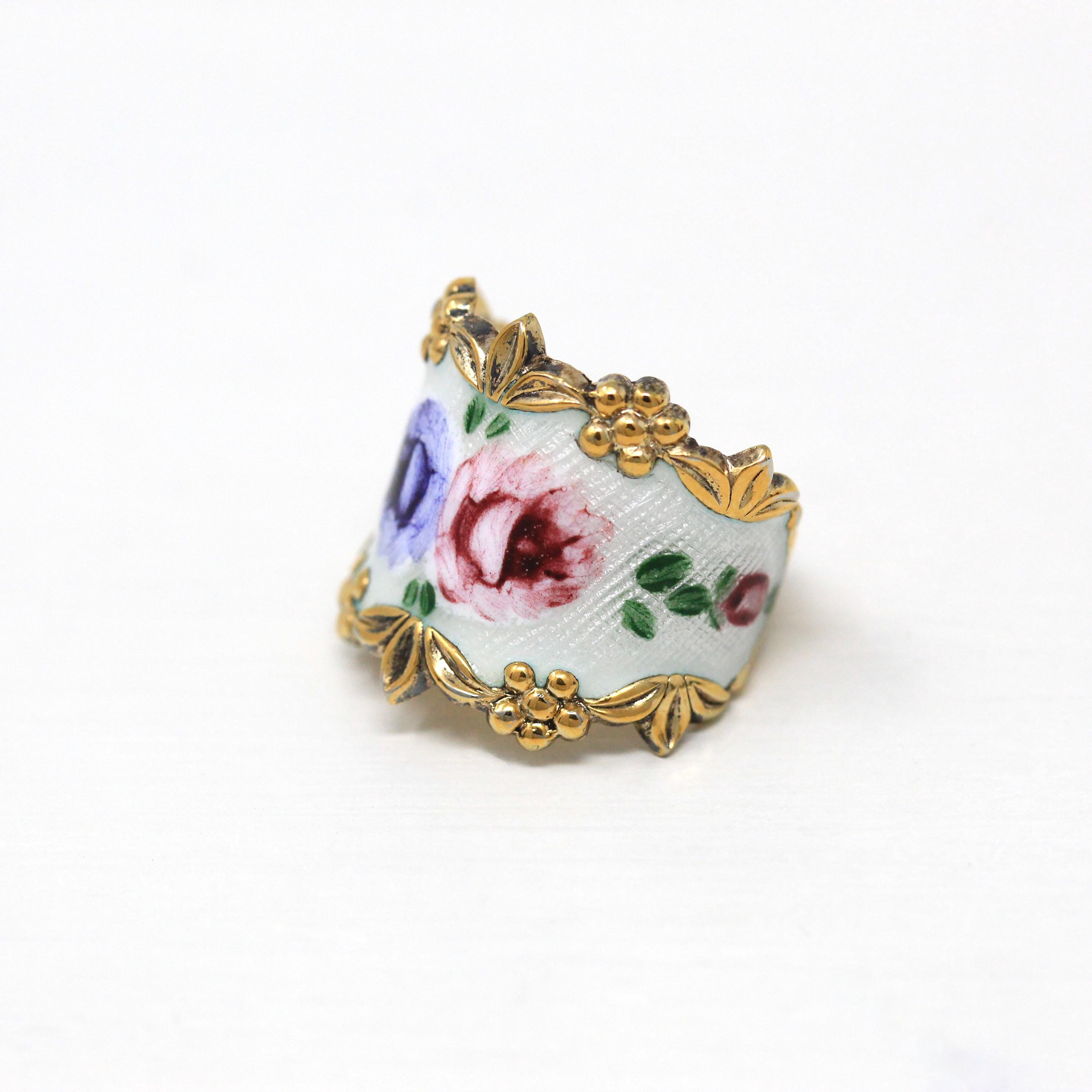 Vintage Flower Band - Retro Gold Washed Sterling Silver Guilloché White Enamel Wide Cigar Ring - Circa 1960s Size 4.75 Vargas Floral Jewelry