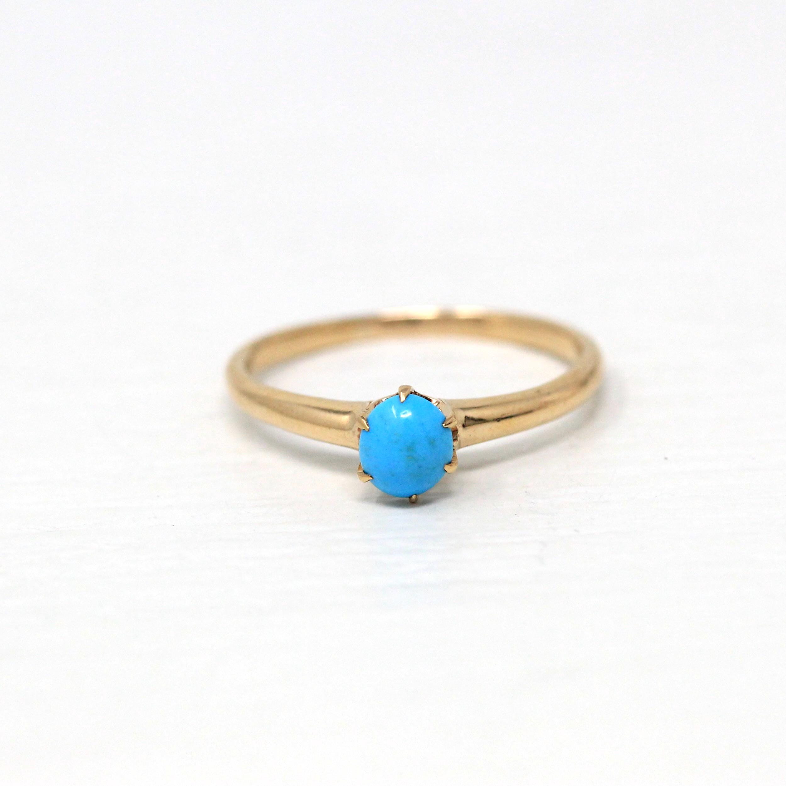 Antique Turquoise Ring - 10k Yellow Gold Cabochon Solitaire - Antique Edwardian Size 5.5 Blue Gem Birthstone Fine December Fine Jewelry