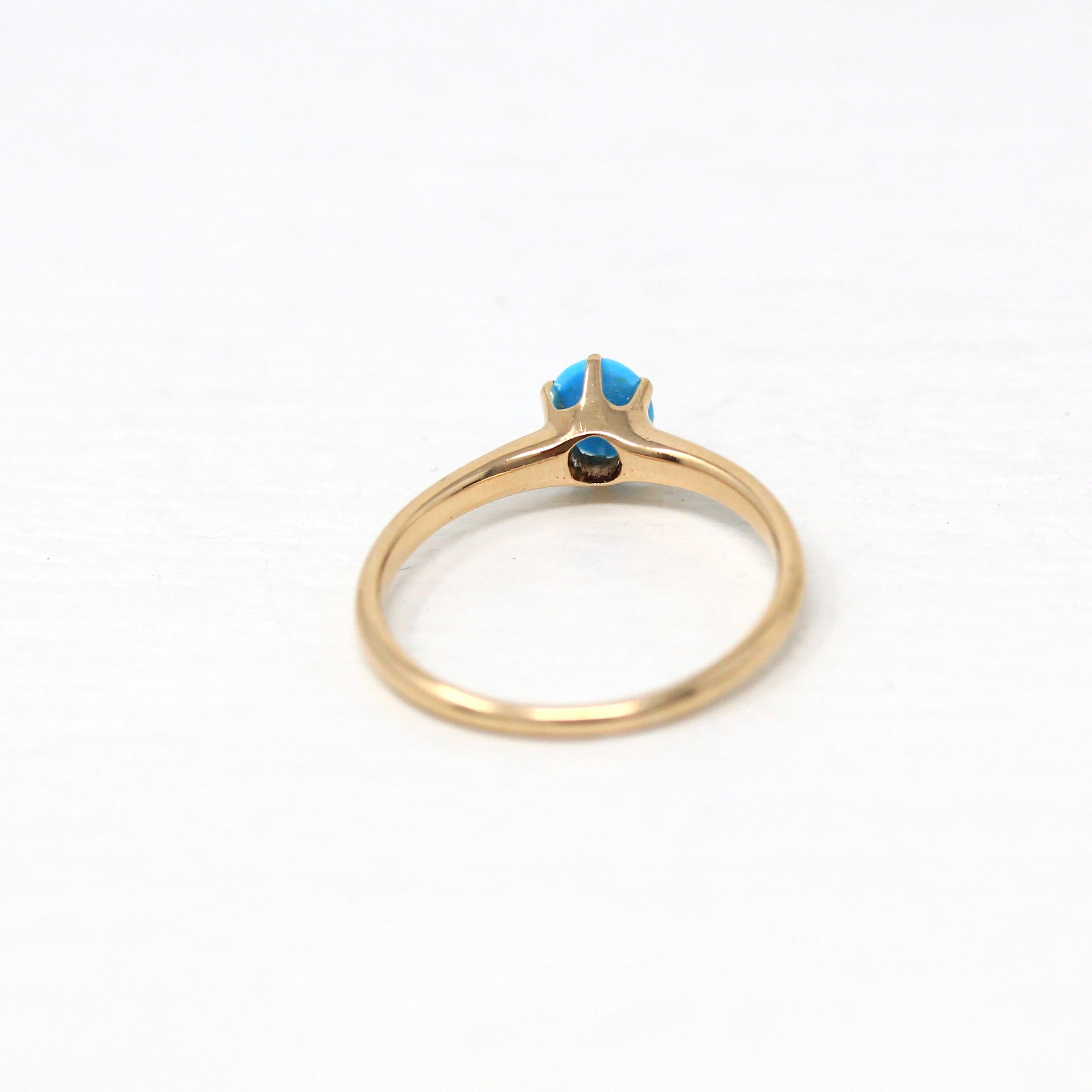 Antique Turquoise Ring - 10k Yellow Gold Cabochon Solitaire - Antique Edwardian Size 5.5 Blue Gem Birthstone Fine December Fine Jewelry