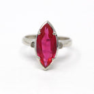 Created Ruby Ring - Vintage 10k White Gold Pink Marquise 2.40 CT Synthetic Ruby - Retro 1960s Size 5 July Birthstone Solitaire Fine Jewelry