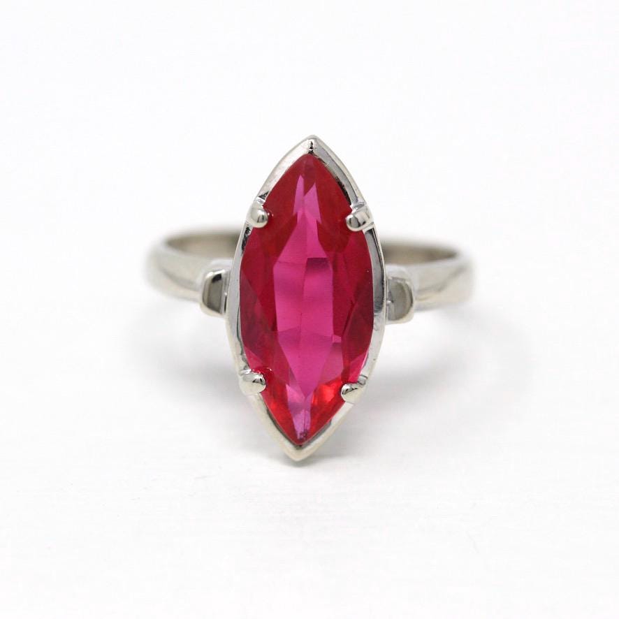 Created Ruby Ring - Vintage 10k White Gold Pink Marquise 2.40 CT Synthetic Ruby - Retro 1960s Size 5 July Birthstone Solitaire Fine Jewelry