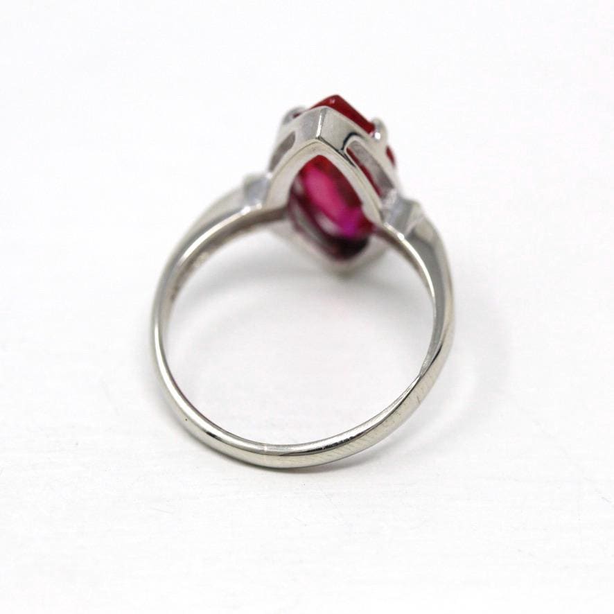 Created Ruby Ring - Vintage 10k White Gold Pink Marquise 2.40 CT Synthetic Ruby - Retro 1960s Size 5 July Birthstone Solitaire Fine Jewelry