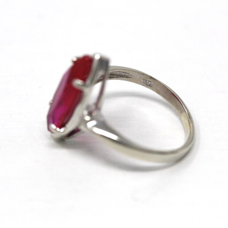 Created Ruby Ring - Vintage 10k White Gold Pink Marquise 2.40 CT Synthetic Ruby - Retro 1960s Size 5 July Birthstone Solitaire Fine Jewelry