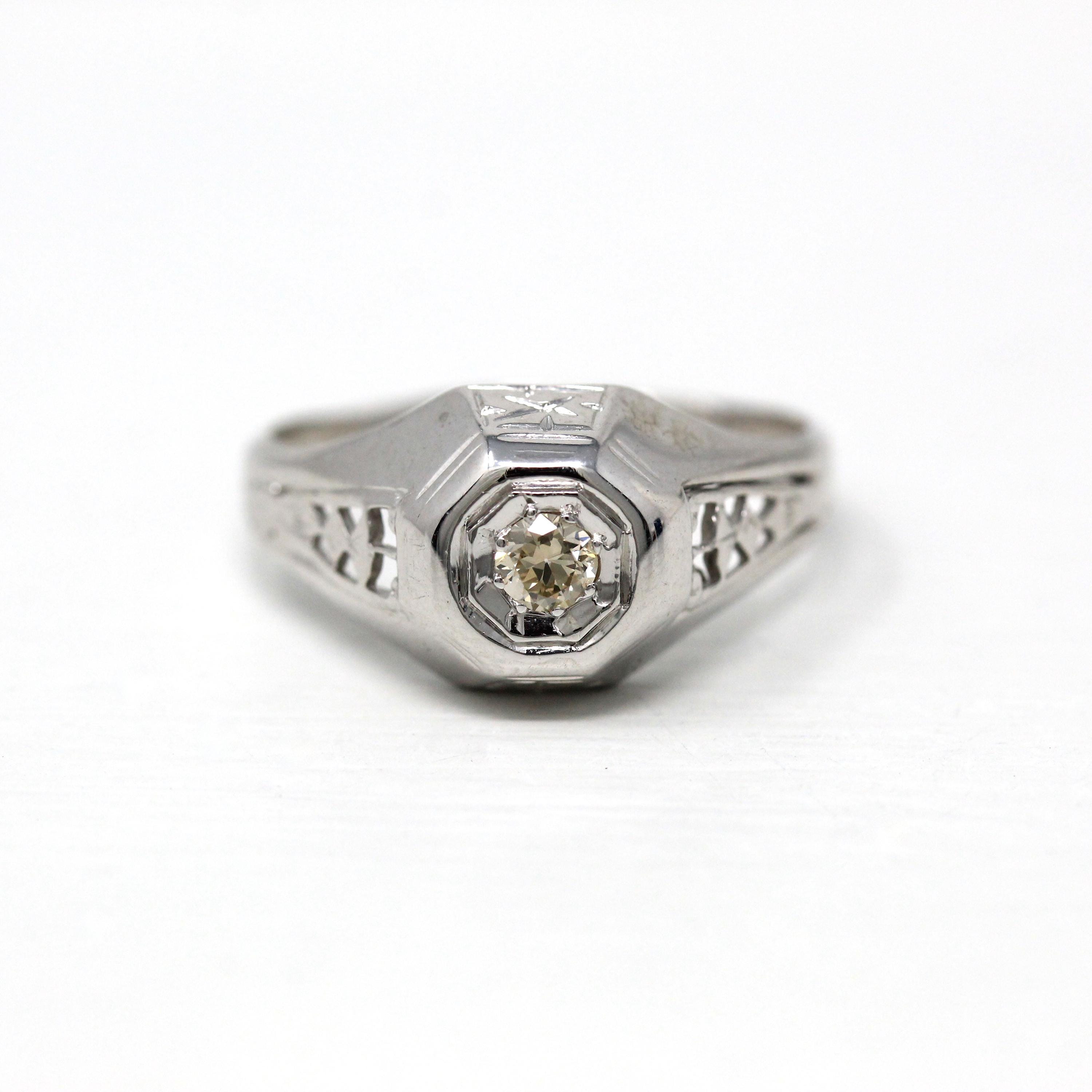 Genuine Diamond Ring - Art Deco 18k White Gold .15 CT Old European Cut Gemstone - Vintage Circa 1930s Era Engagement Filigree Fine Jewelry