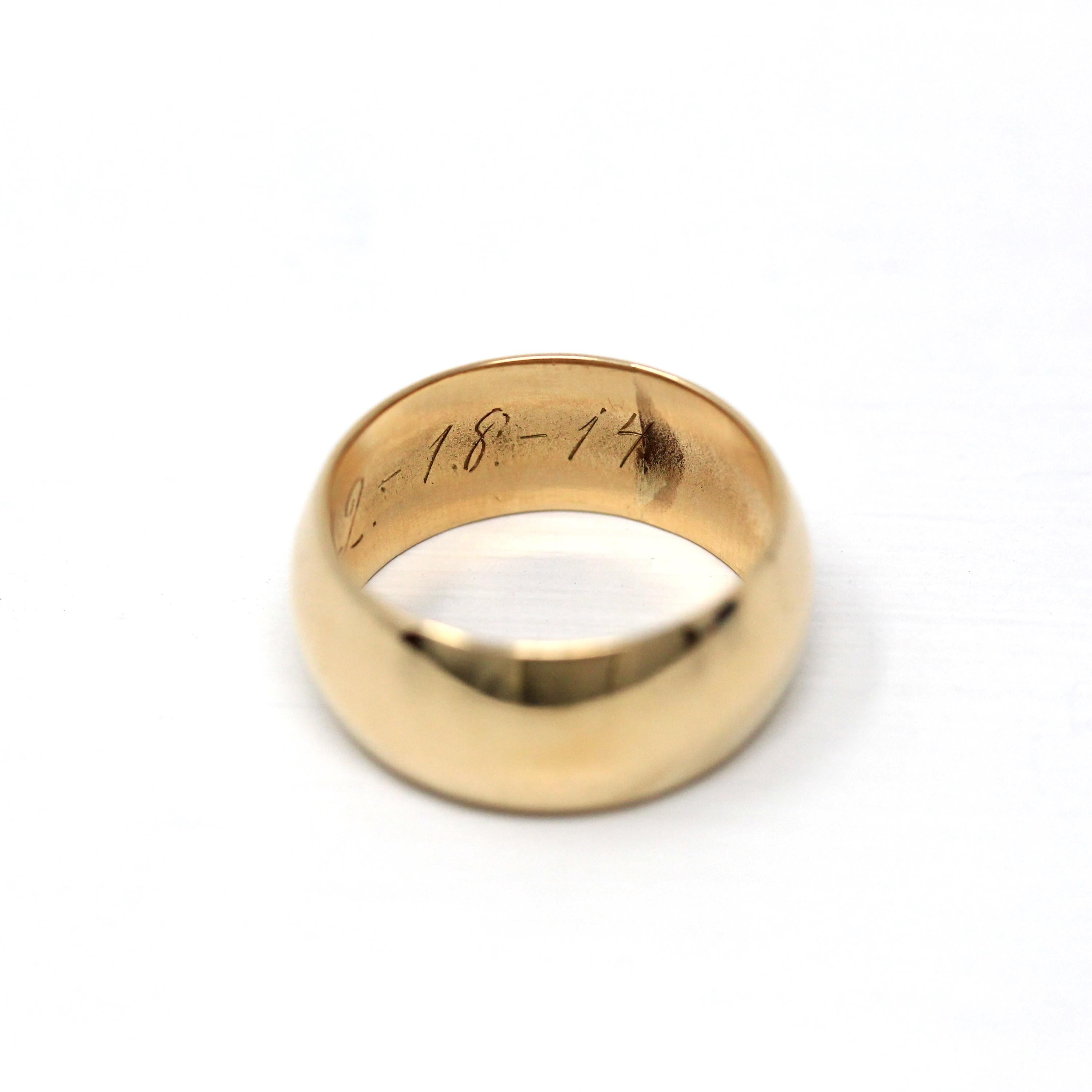 Antique Wedding Band - Edwardian 14k Yellow Gold Unadorned Wide Pinky Ring - Vintage Dated 1914 Size 3 3/4 Unisex Wedding Statement Jewelry