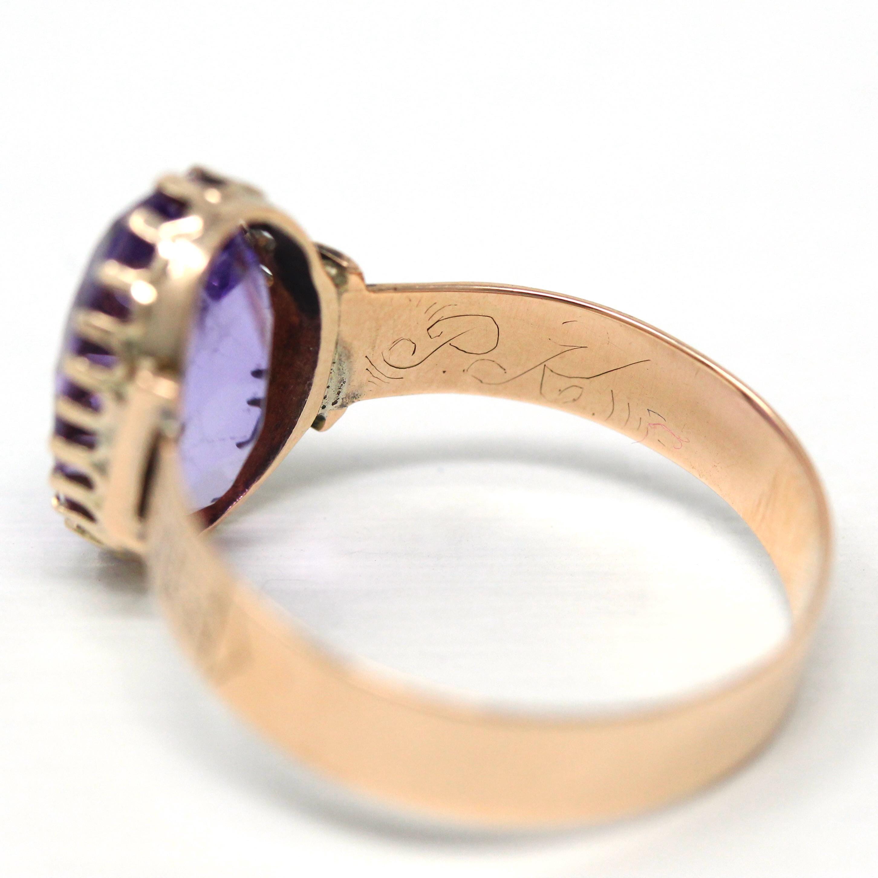 Genuine Amethyst Ring - Antique Victorian Era 10k Yellow Gold Oval Purple 4.16 Ct Gem - Circa 1890s Size 10 February Birthstone Fine Jewelry