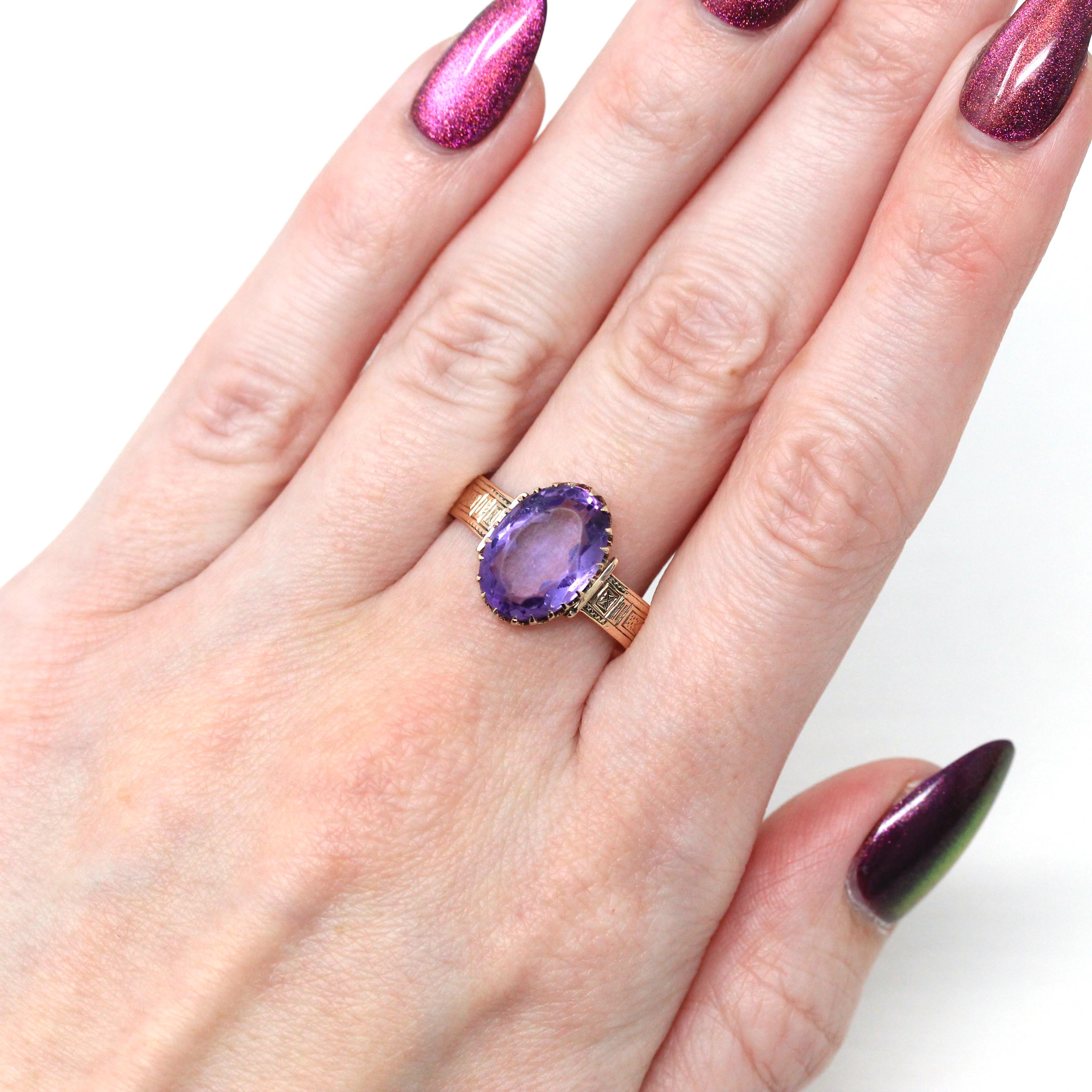 Genuine Amethyst Ring - Antique Victorian Era 10k Yellow Gold Oval Purple 4.16 Ct Gem - Circa 1890s Size 10 February Birthstone Fine Jewelry