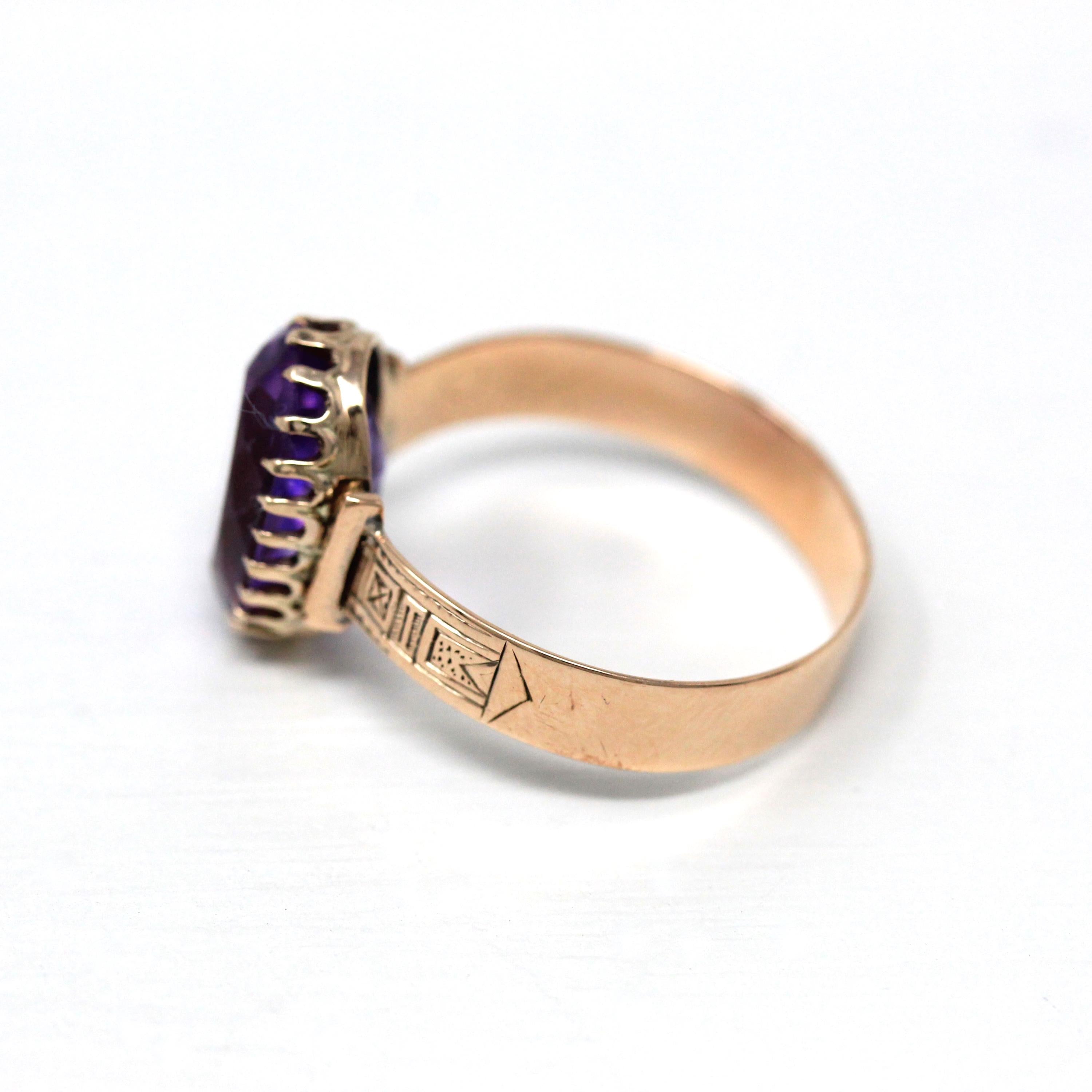 Genuine Amethyst Ring - Antique Victorian Era 10k Yellow Gold Oval Purple 4.16 Ct Gem - Circa 1890s Size 10 February Birthstone Fine Jewelry