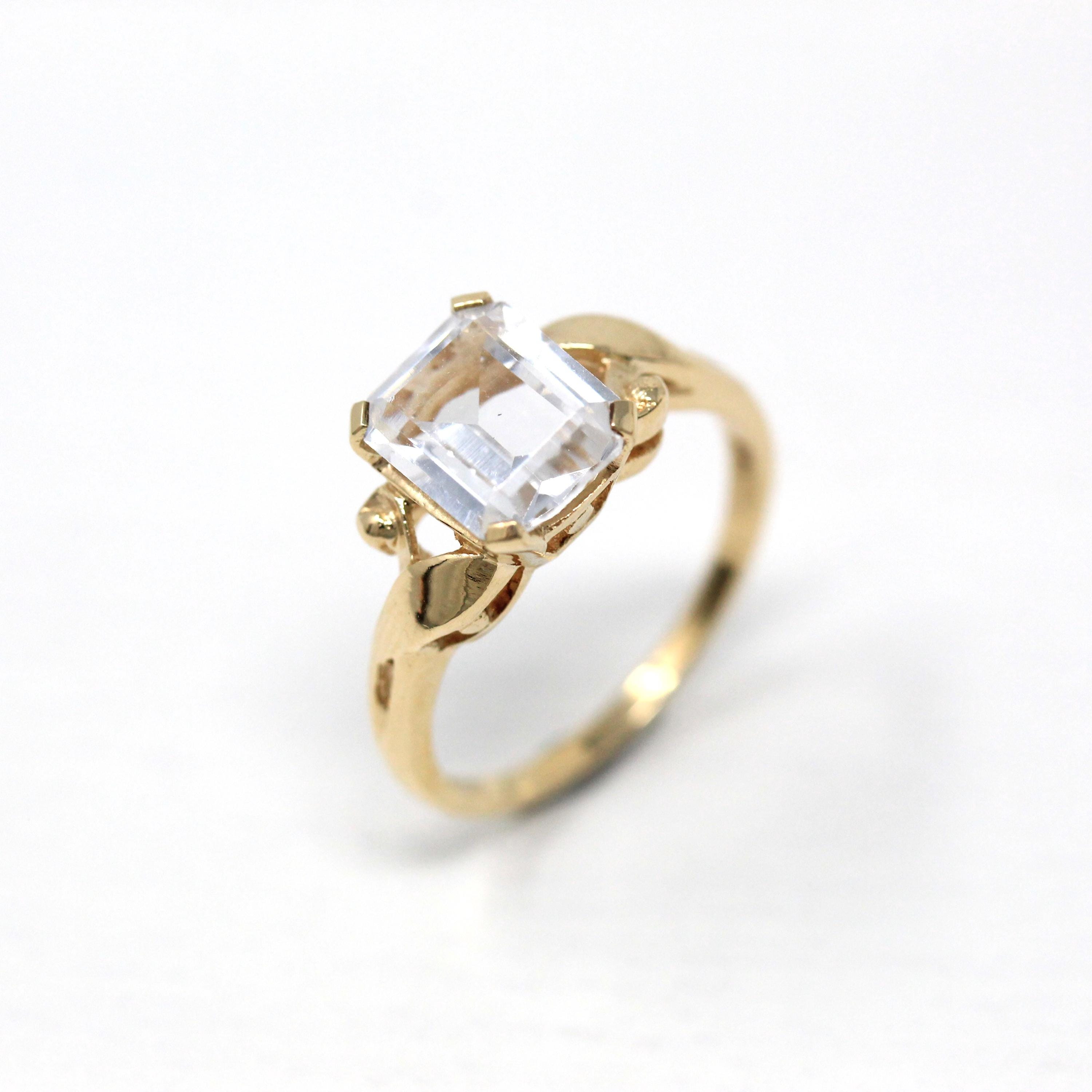 Created White Spinel Ring - Vintage Retro Era 10k Yellow Gold Rectangular Cut 2.12 CT Statement - Circa 1940s Size 5 Ribbon Fine 40s Jewelry