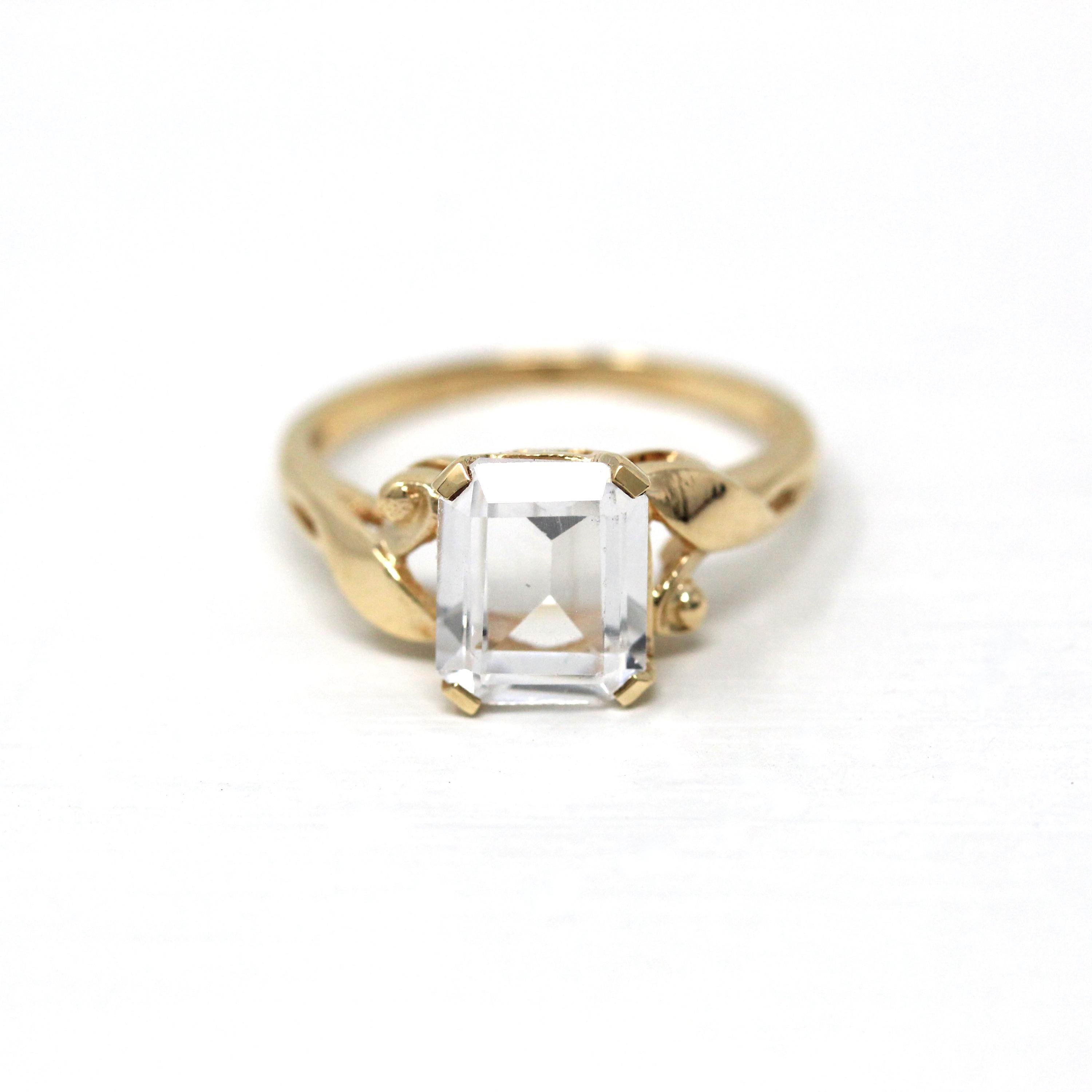 Created White Spinel Ring - Vintage Retro Era 10k Yellow Gold Rectangular Cut 2.12 CT Statement - Circa 1940s Size 5 Ribbon Fine 40s Jewelry