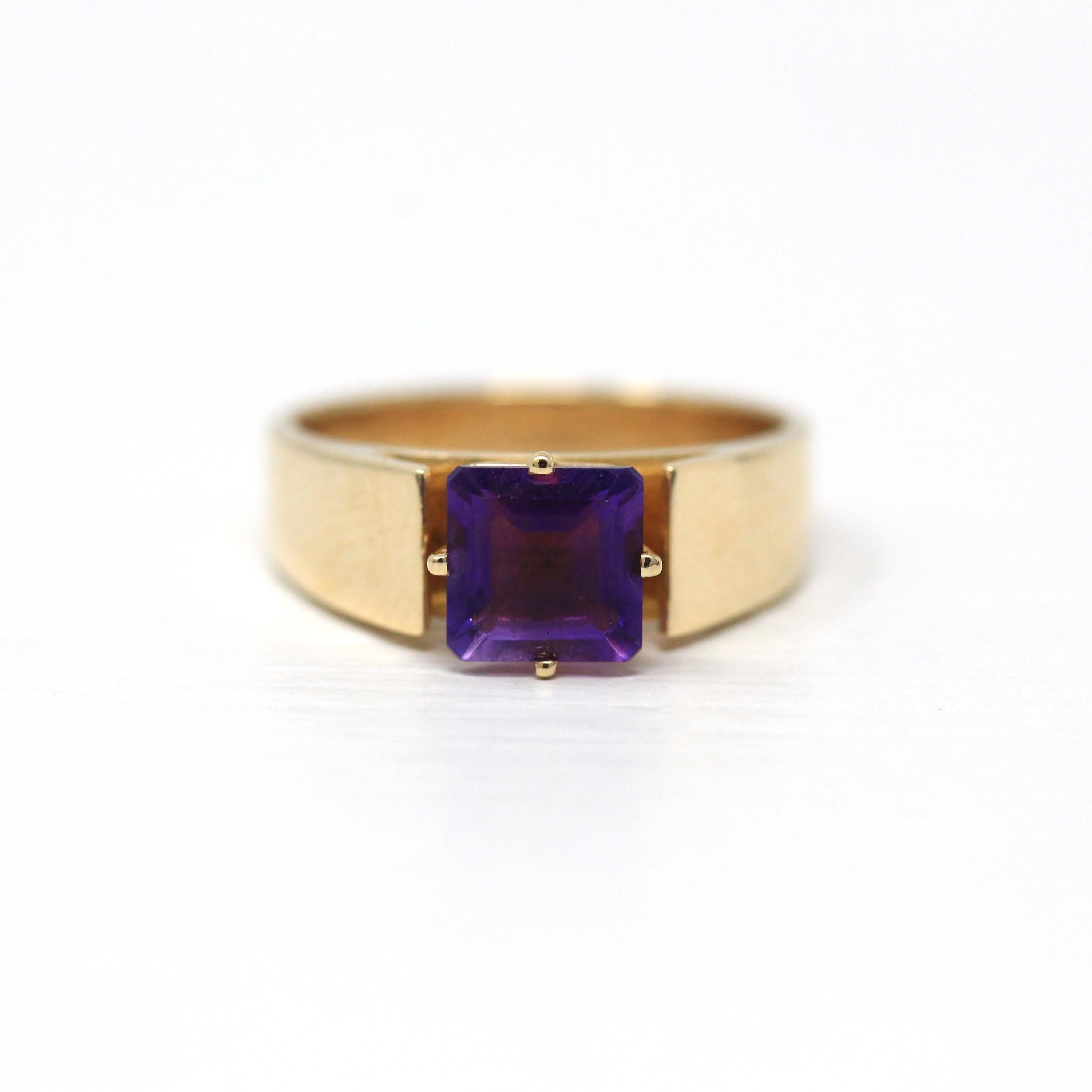 Genuine Amethyst Ring - Estate 10k Yellow Gold Square Emerald Cut Gemstone - Modern 2000s Era Size 5 Purple February Birthstone Jewelry