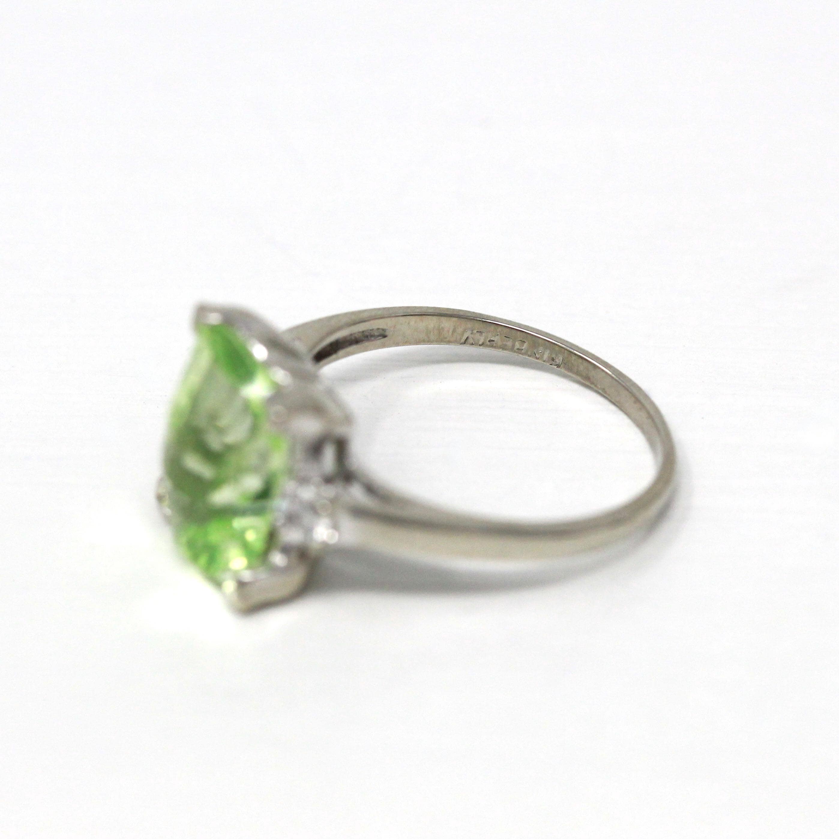 Created Spinel Ring - Retro 10k White Gold Fancy Hourglass Cut Green Statement - Vintage Circa 1960s Size 7 White Accent Unique Fine Jewelry