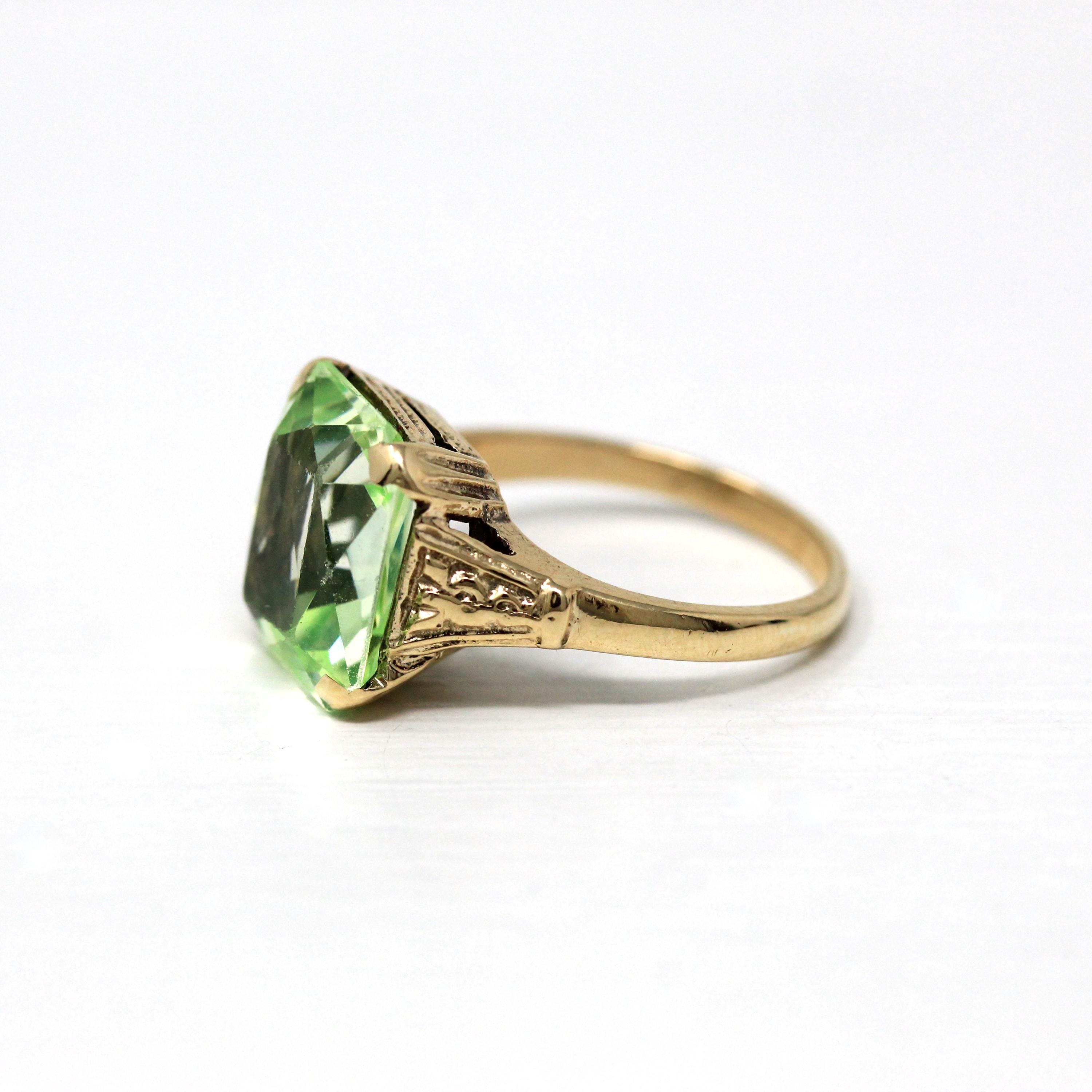 Created Spinel Ring - Retro 10k Yellow Gold Green Rectangular Scissor Cut 6.04 Carat Statement - Vintage 1940s Era Size 5 1/2 Fine Jewelry