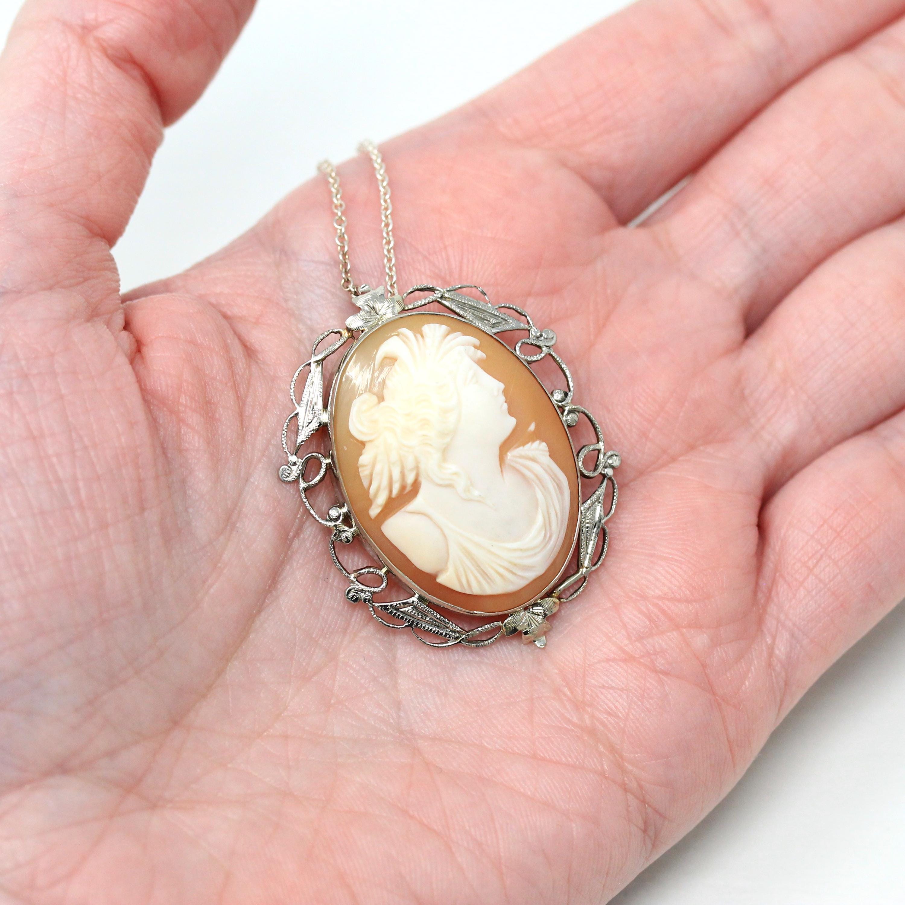 Vintage Cameo Pendant - Art Deco Era 10k White Gold Carved Shell Convertible Brooch Necklace - Circa 1930s Leaf Vine Design Pin Fine Jewelry