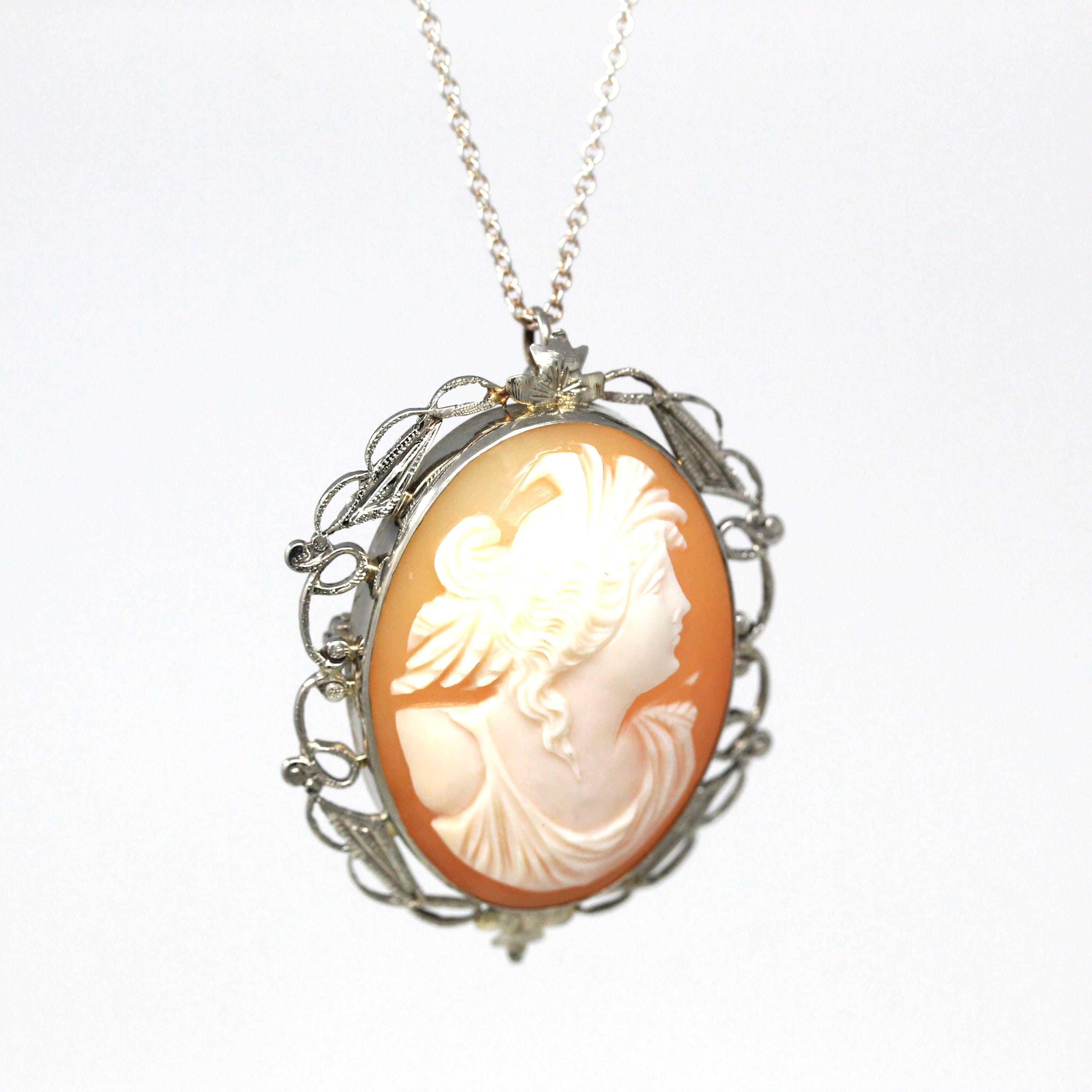 Vintage Cameo Pendant - Art Deco Era 10k White Gold Carved Shell Convertible Brooch Necklace - Circa 1930s Leaf Vine Design Pin Fine Jewelry