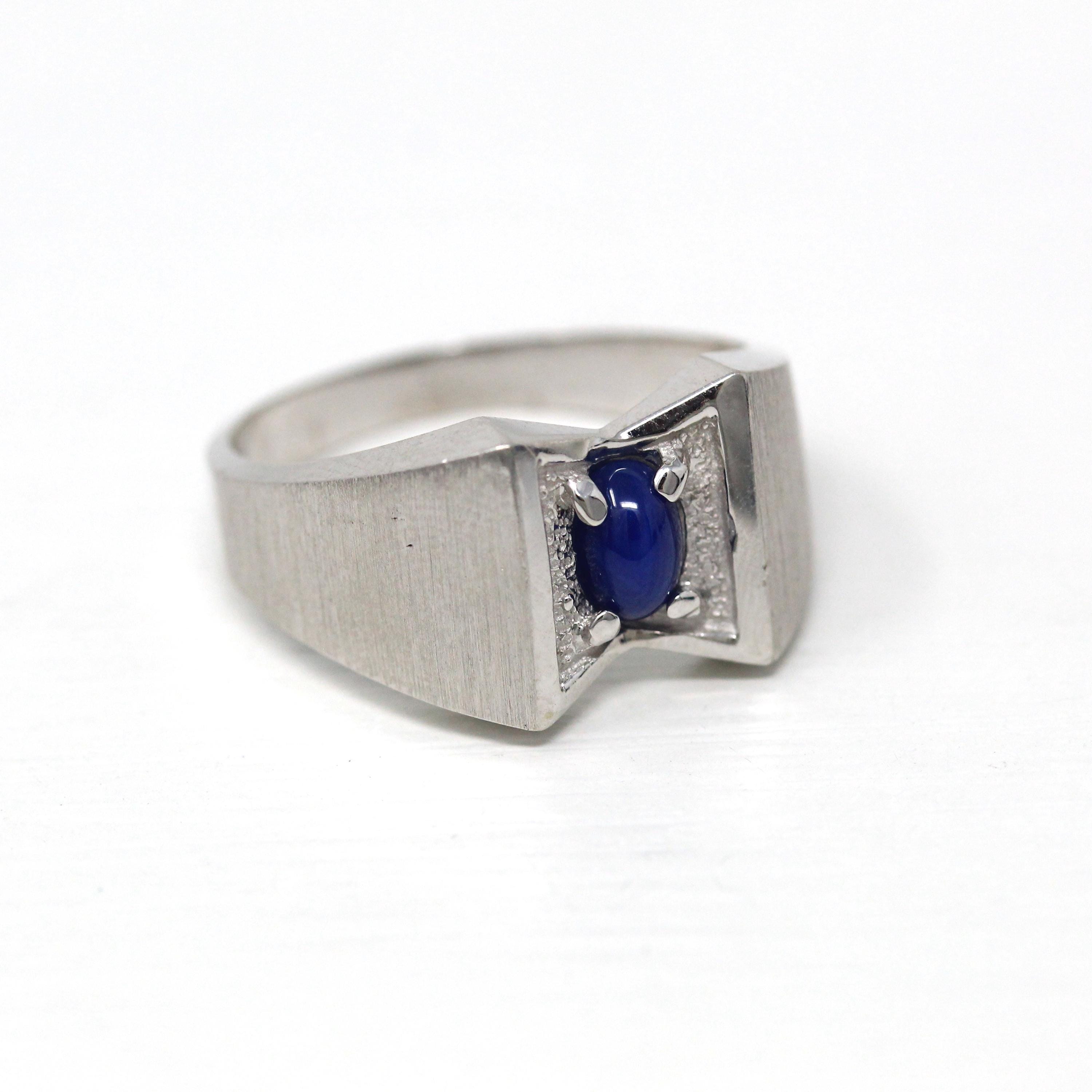 Created Star Sapphire Ring - Retro 14k White Gold Blue Stone - Vintage Circa 1960s Size 9 3/4 September Birthstone New Old Stock Jewelry