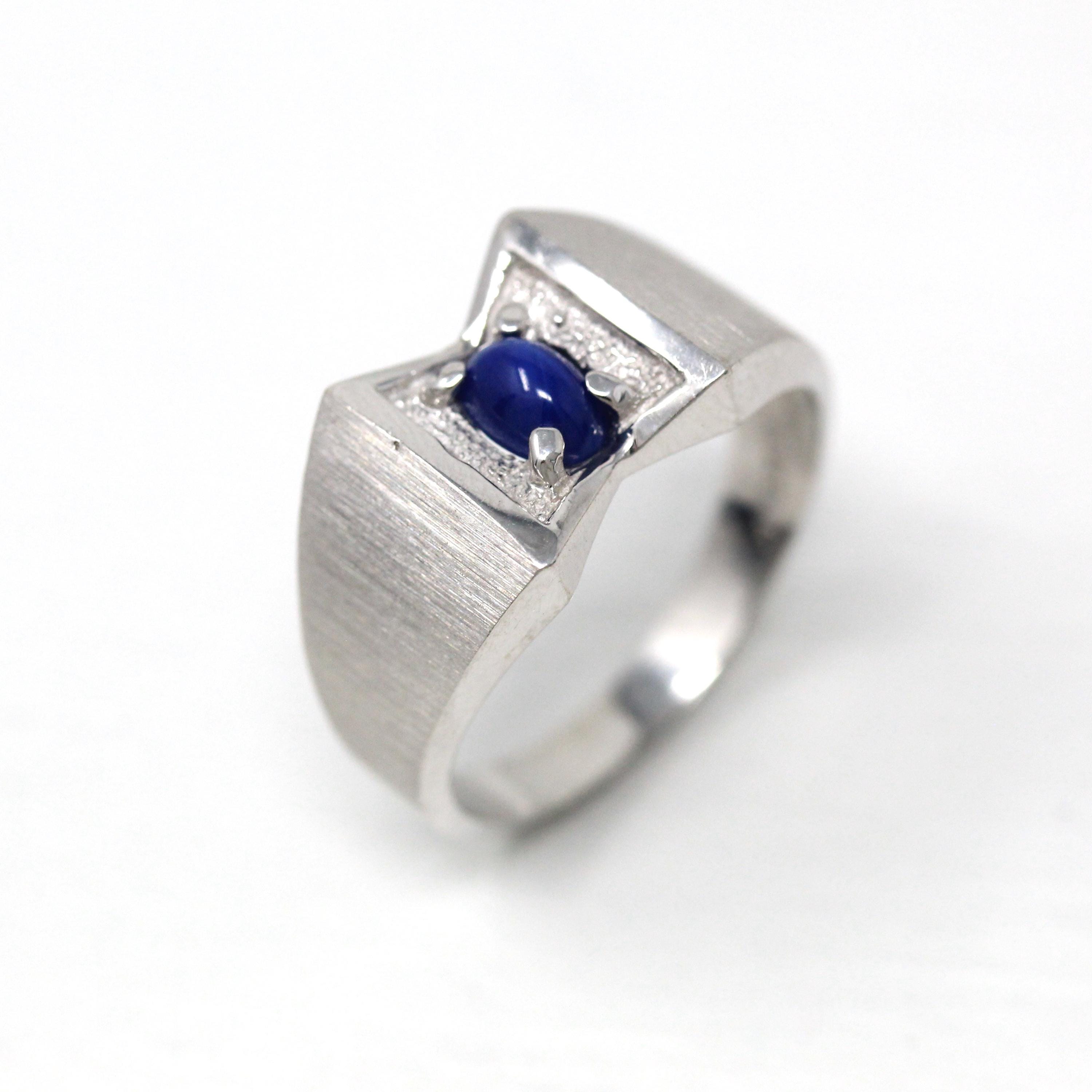 Created Star Sapphire Ring - Retro 14k White Gold Blue Stone - Vintage Circa 1960s Size 9 3/4 September Birthstone New Old Stock Jewelry