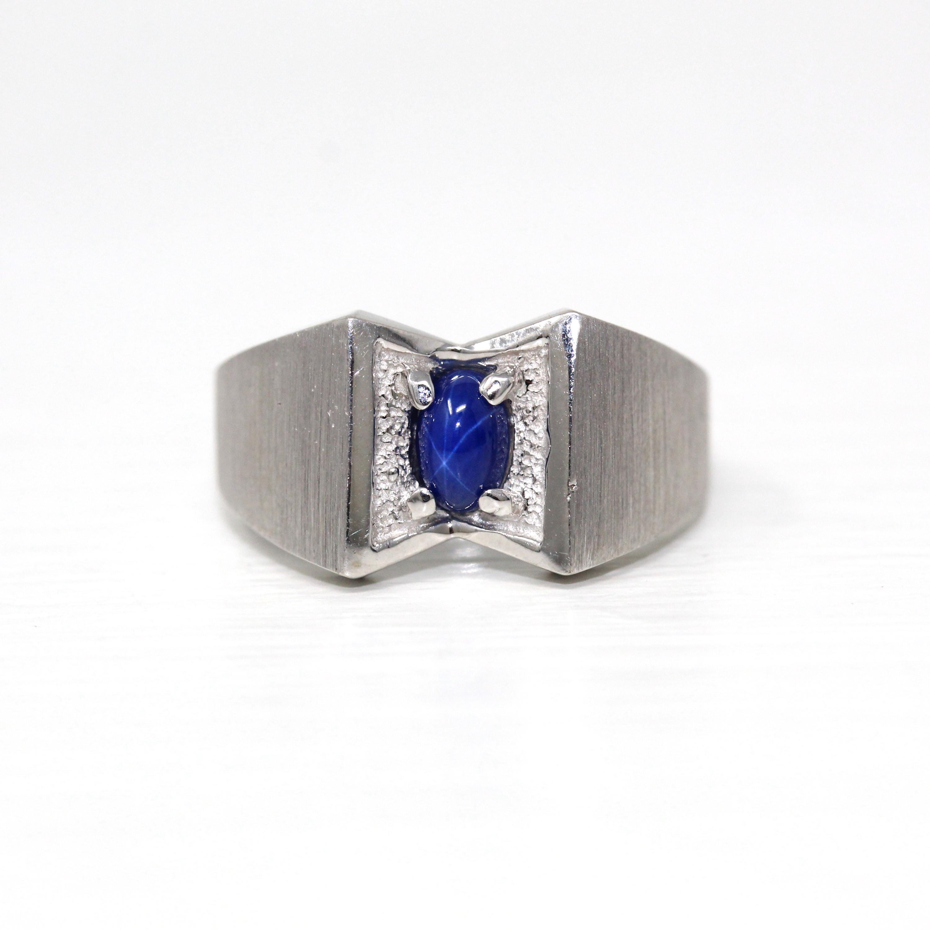 Created Star Sapphire Ring - Retro 14k White Gold Blue Stone - Vintage Circa 1960s Size 9 3/4 September Birthstone New Old Stock Jewelry