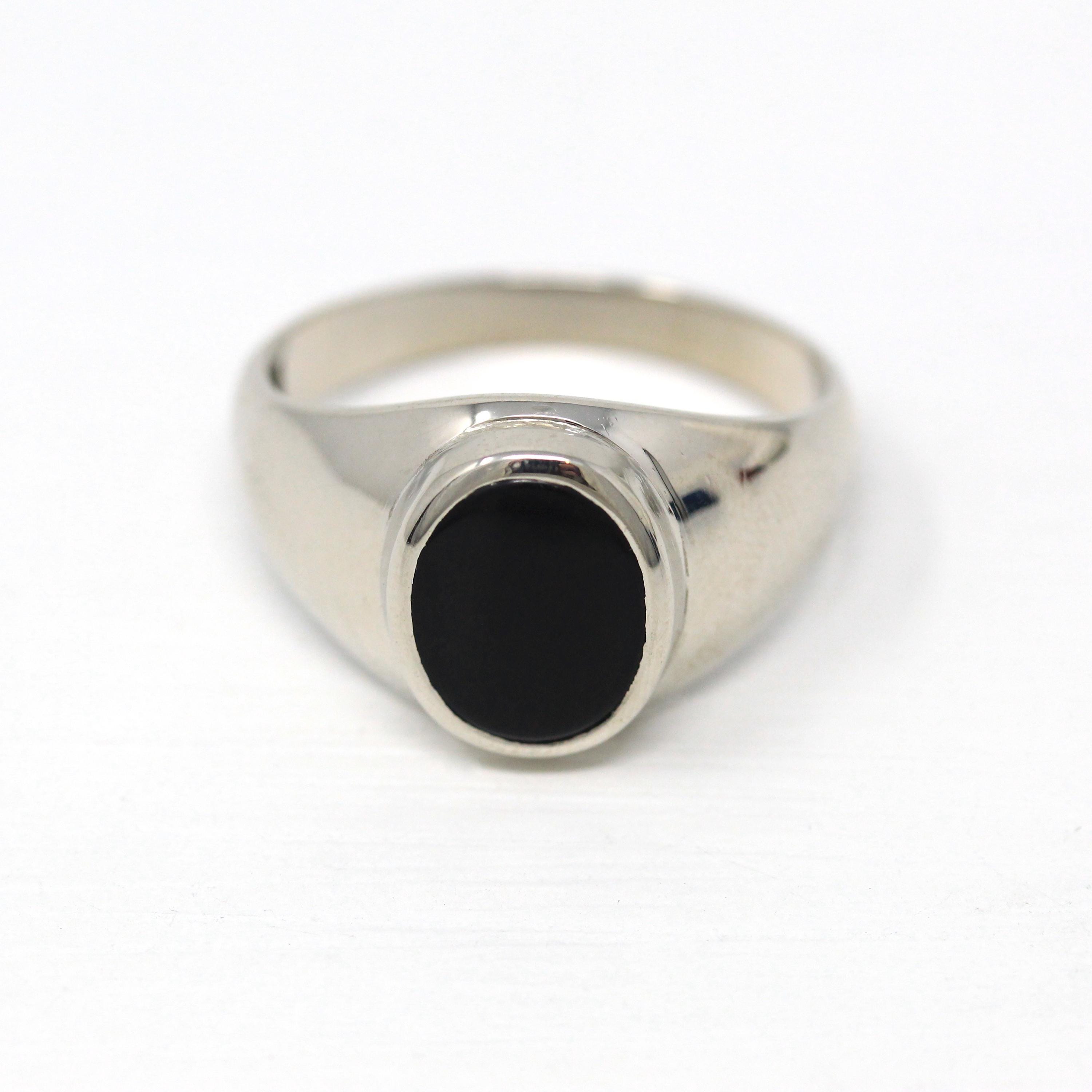 Genuine Onyx Ring - Retro 10k White Gold Bezel Set Black Gem Statement - Vintage Circa 1960s Era Size 12 1/4 Unisex Style Fine Mens Jewelry