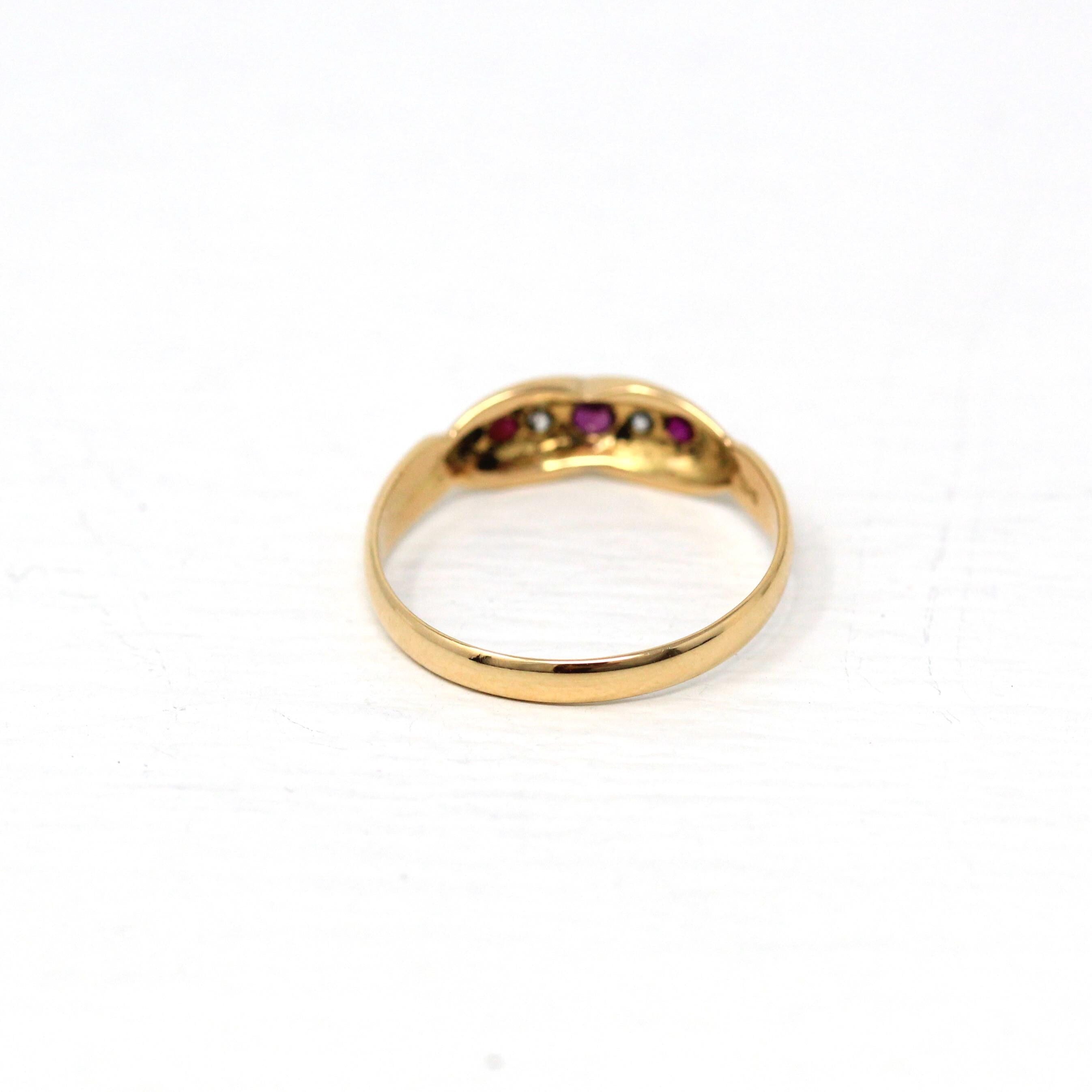 Ruby & Diamond Band - Victorian 18k Rose Gold Genuine Gemstones Ring - Hallmarked 1895 Birmingham England Size 7 1/2 Statement Fine Jewelry