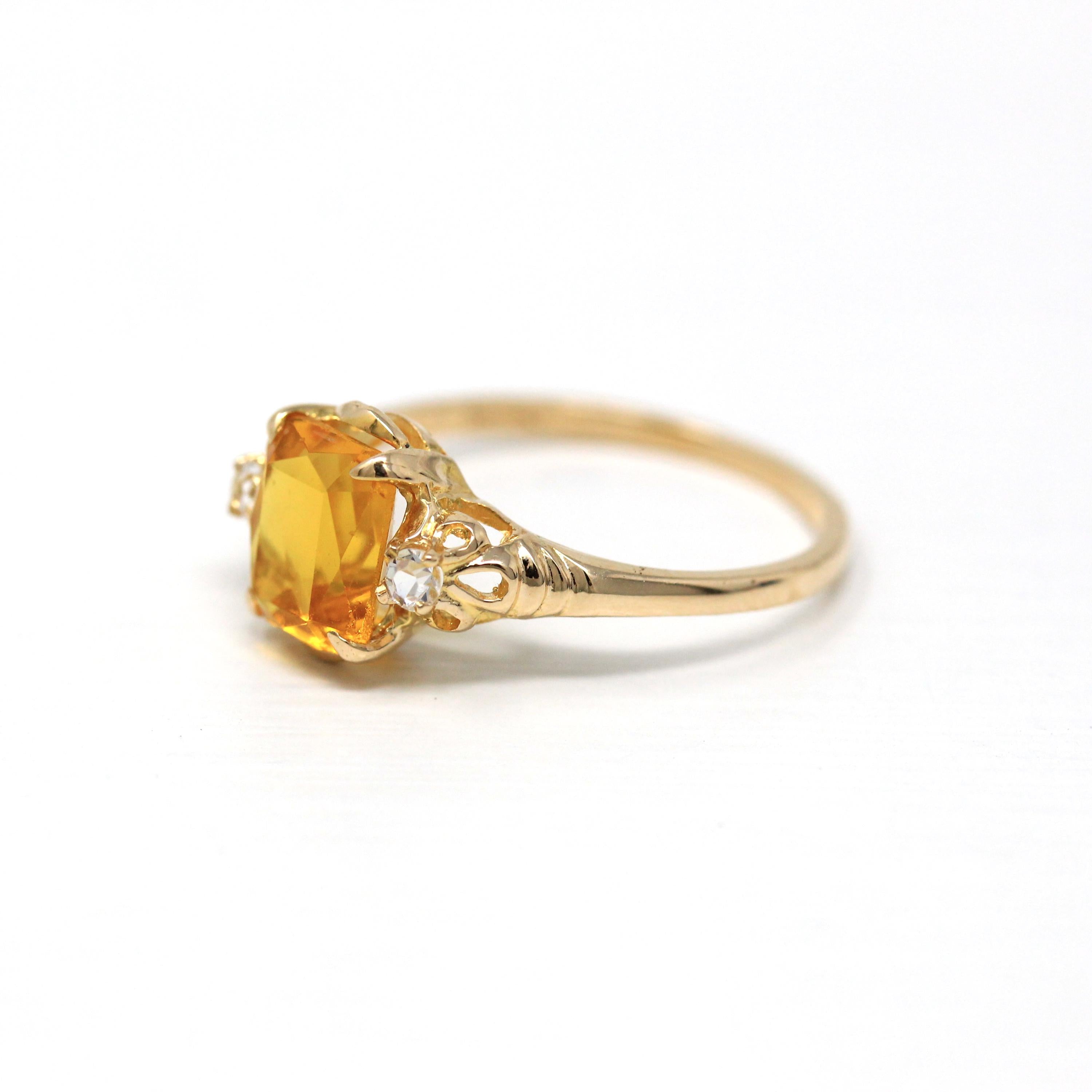 Simulated Citrine Ring - Retro 10k Yellow Gold Emerald Cut Yellow Glass Stone - Vintage Circa 1960s Era Size 7 New Old Stock BDA 60s Jewelry