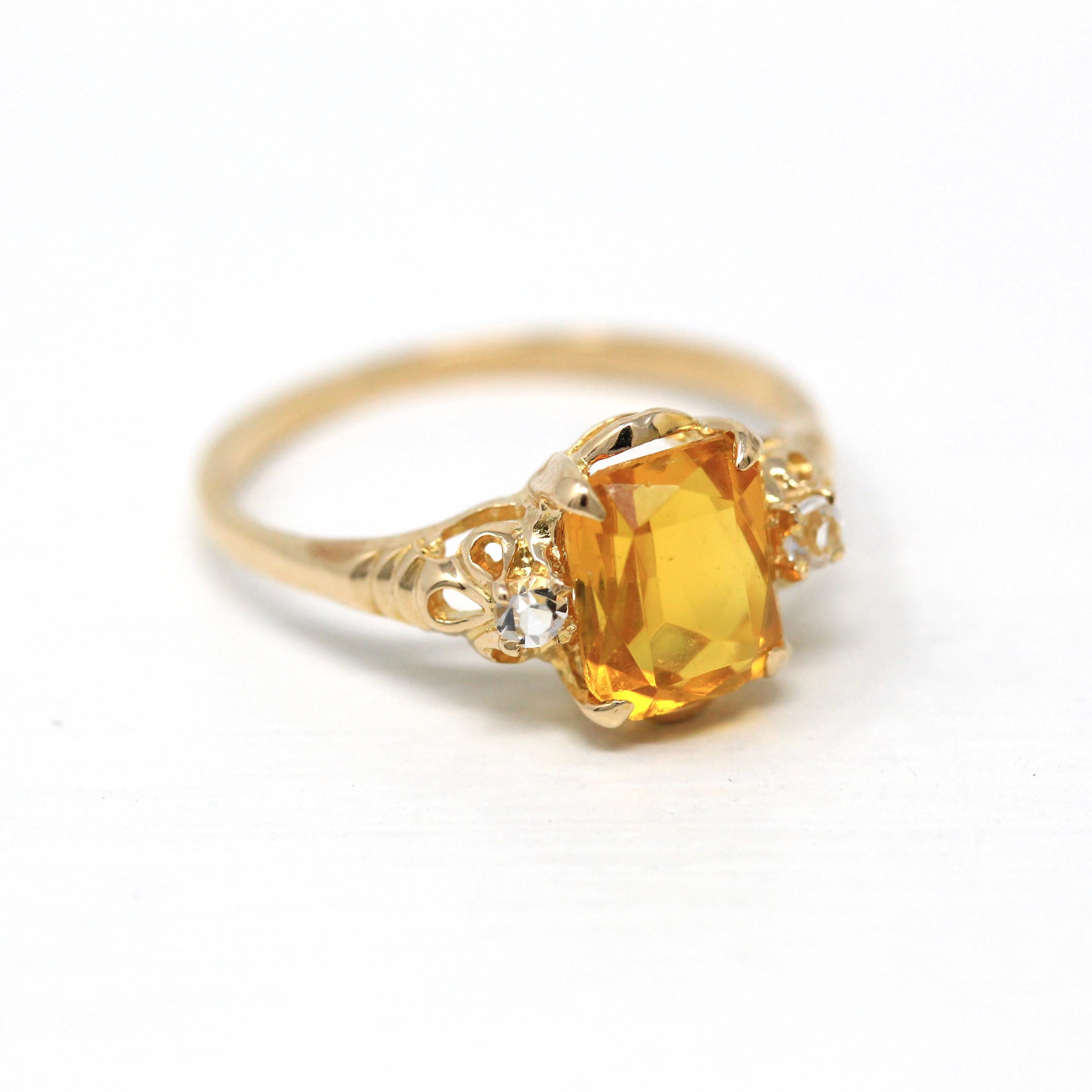 Simulated Citrine Ring - Retro 10k Yellow Gold Emerald Cut Yellow Glass Stone - Vintage Circa 1960s Era Size 7 New Old Stock BDA 60s Jewelry