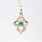 Vintage Zircon Necklace - Retro 10k Yellow Gold Two Tone Floral Gemstone Pendant - 1940s Genuine .94 CT Blue December Birthstone Jewelry