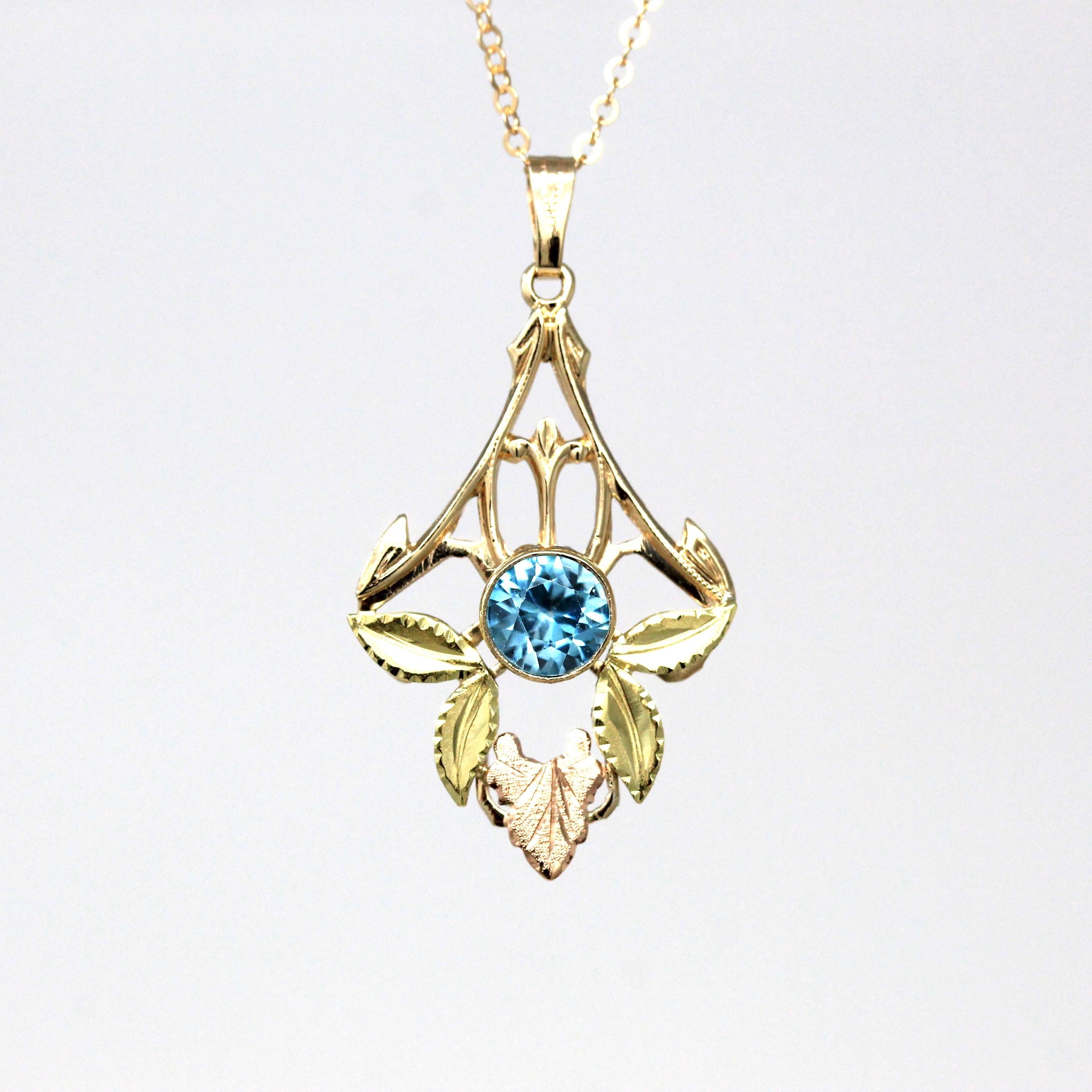 Vintage Zircon Necklace - Retro 10k Yellow Gold Two Tone Floral Gemstone Pendant - 1940s Genuine .94 CT Blue December Birthstone Jewelry