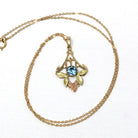 Vintage Zircon Necklace - Retro 10k Yellow Gold Two Tone Floral Gemstone Pendant - 1940s Genuine .94 CT Blue December Birthstone Jewelry