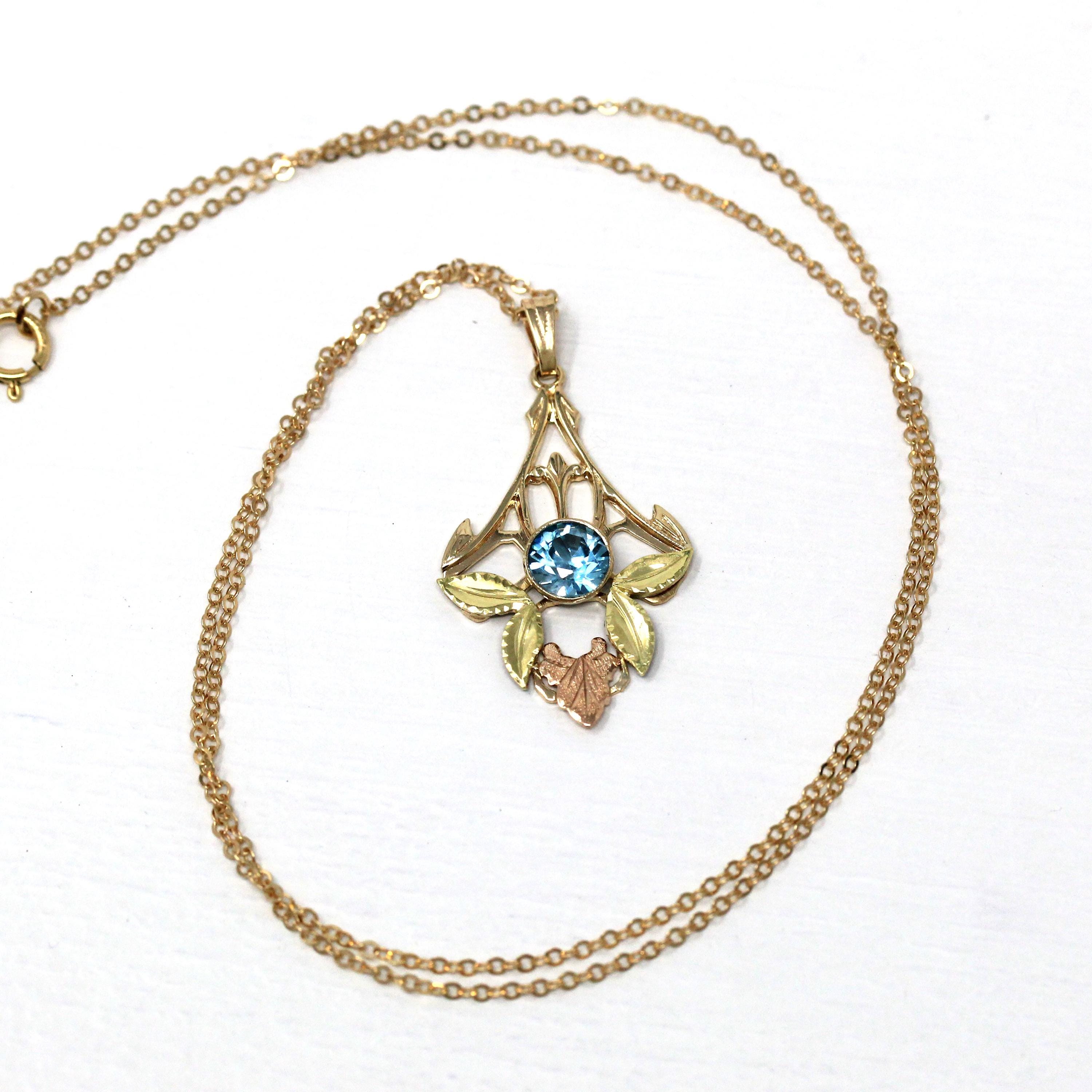 Vintage Zircon Necklace - Retro 10k Yellow Gold Two Tone Floral Gemstone Pendant - 1940s Genuine .94 CT Blue December Birthstone Jewelry