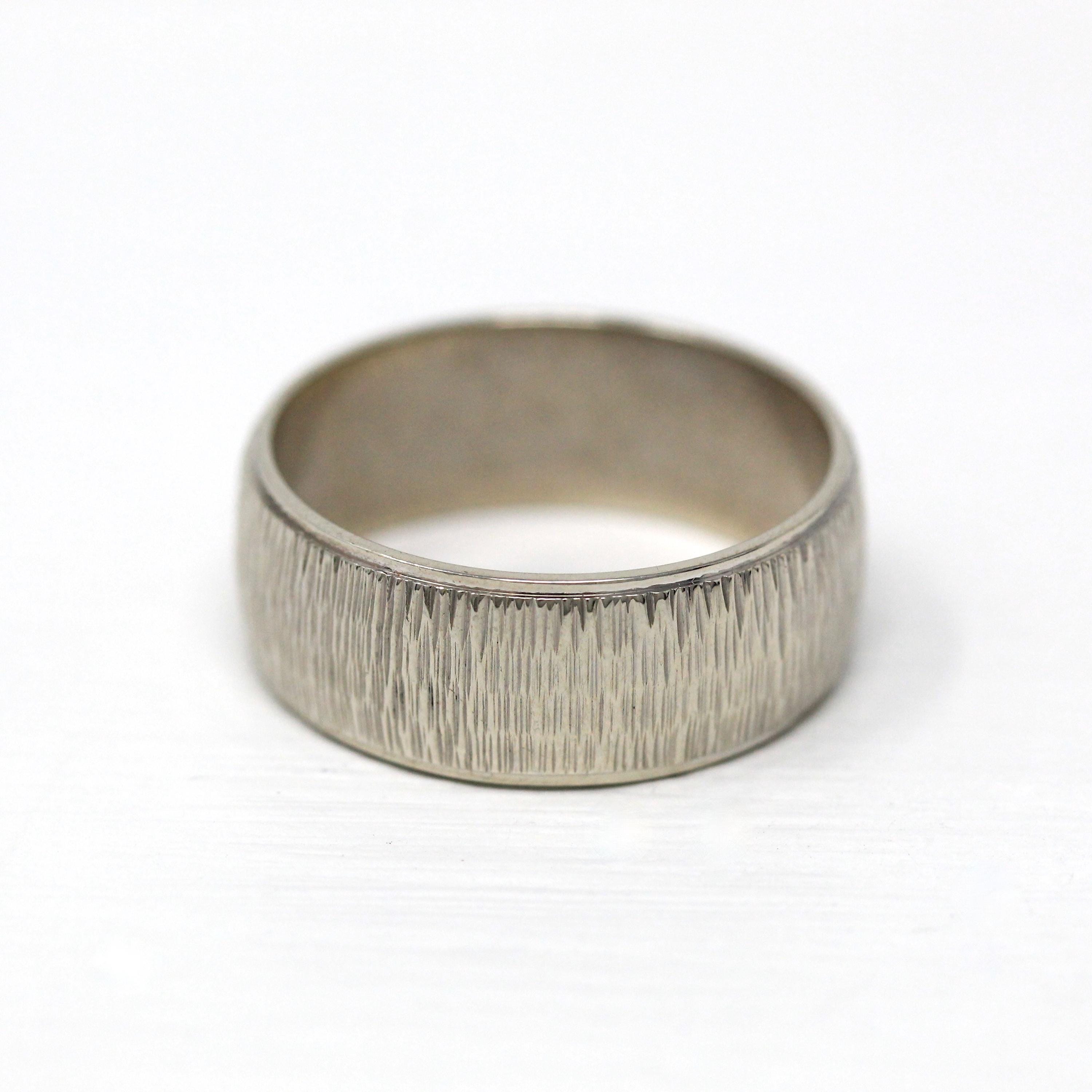 Vintage Cigar Band - Retro 14k White Gold Textured Etched Designs Ring - Circa 1960s Era Size 9 Statement Stacking Style 60s Fine Jewelry