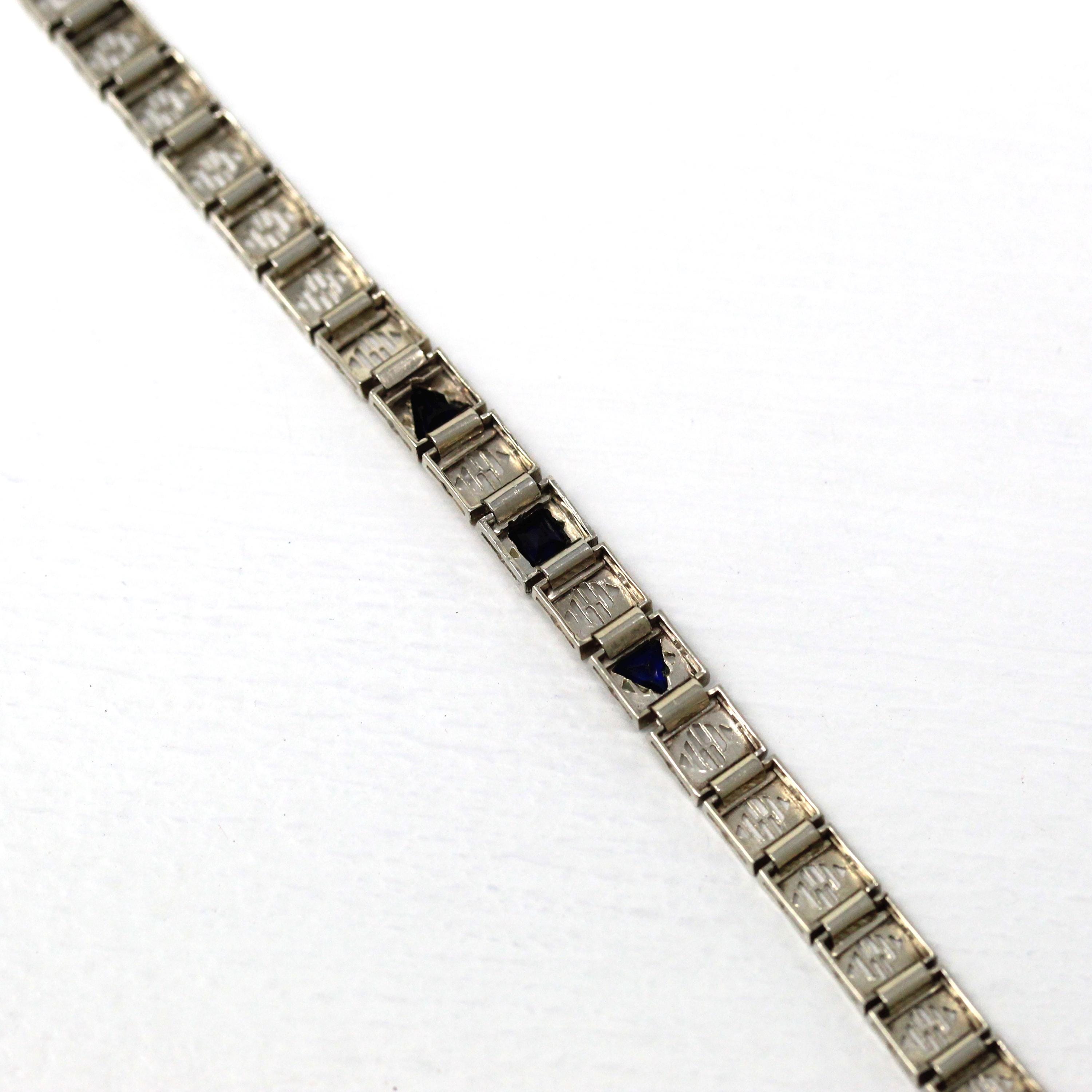 Art Deco Bracelet - Vintage 14k White Gold Created Sapphires - Circa 1930s Era Flexible Line Tennis Fashion Accessory Fine 7 Inch Jewelry