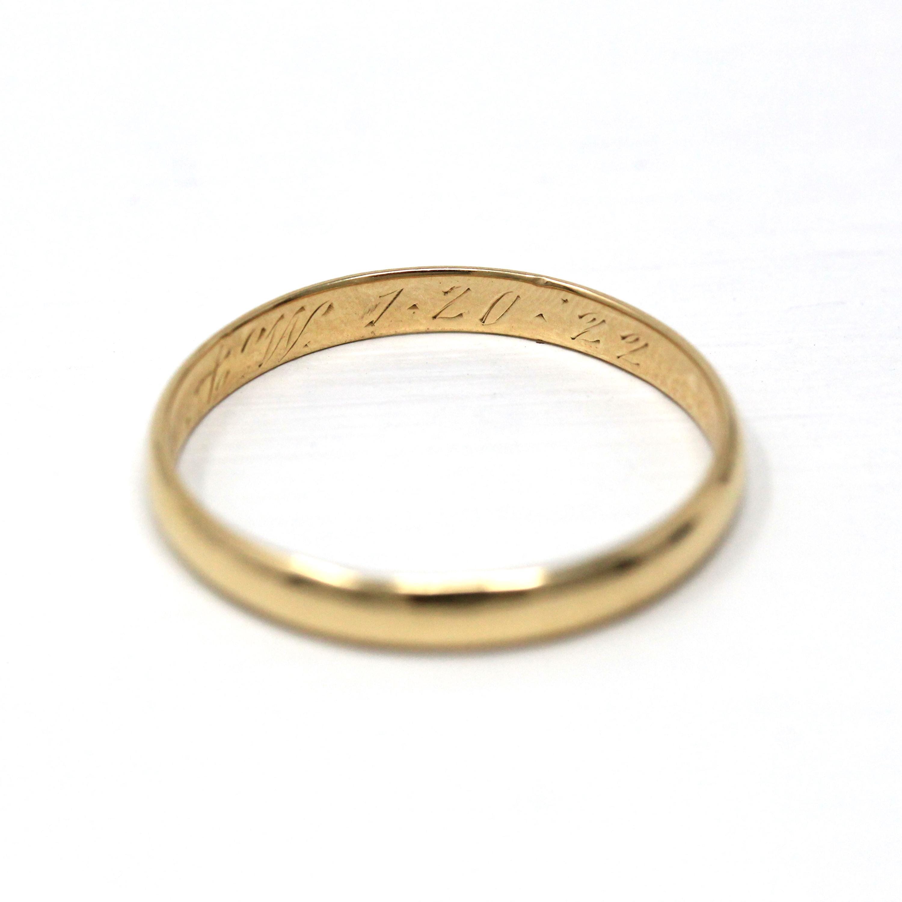 Dated 1922 Band - Art Deco 14k Yellow Gold Engraved "E.T. to A.W. 1-20'22" Wedding Ring - Antique Stacking Unisex Size 11 1/4 Fine Jewelry