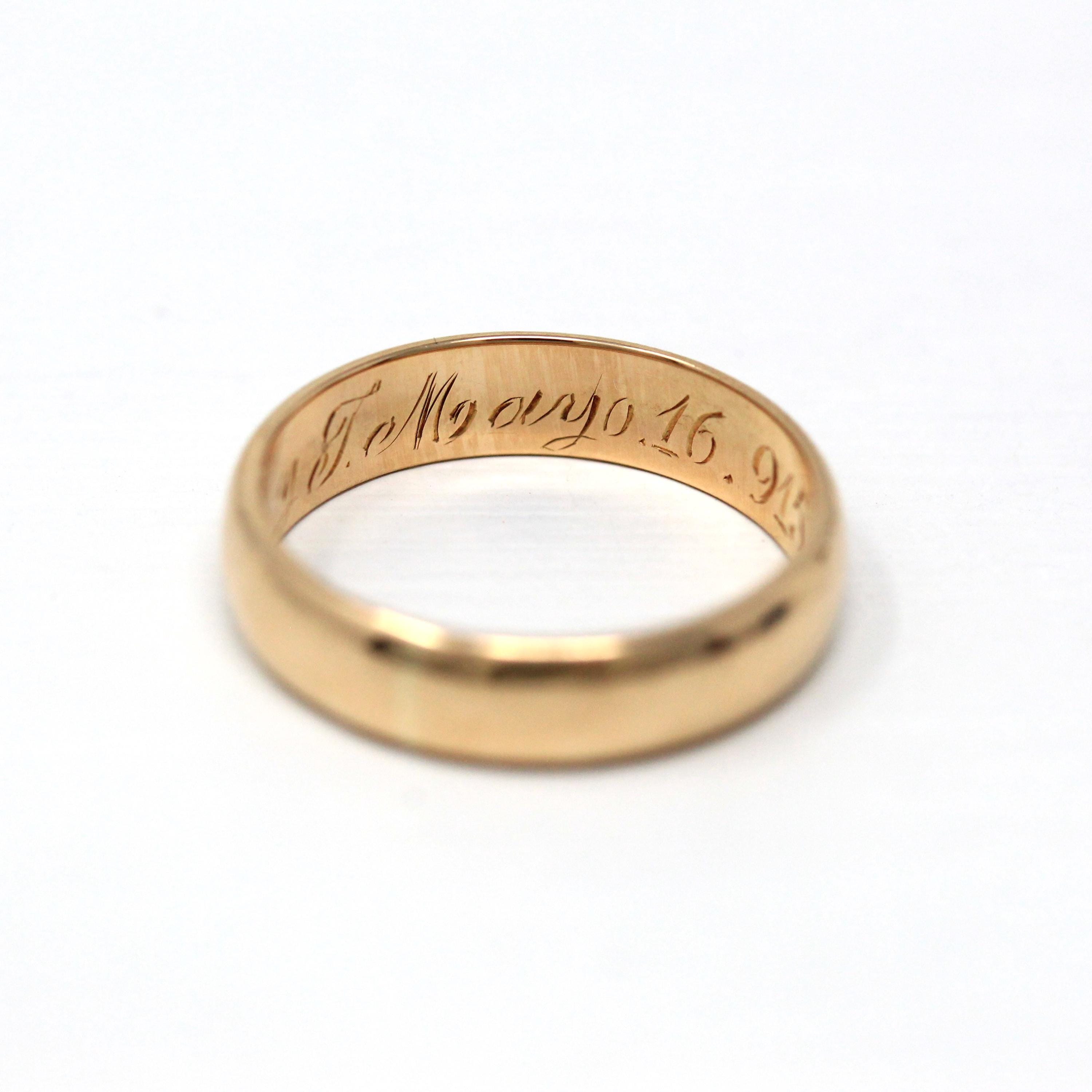 Dated 1915 Band - Edwardian 18k Yellow Gold Engraved "Ly to Mouyo 16.9.15" Ring - Antique Size 5 3/4 Unisex Style Wedding Fine Jewelry