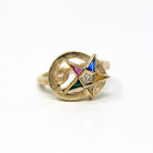 Vintage OES Ring - Retro 10k Yellow Gold Genuine Diamond Created Stone Statement - Circa 1960s Size 5 3/4 Order Of The Eastern Star Jewelry