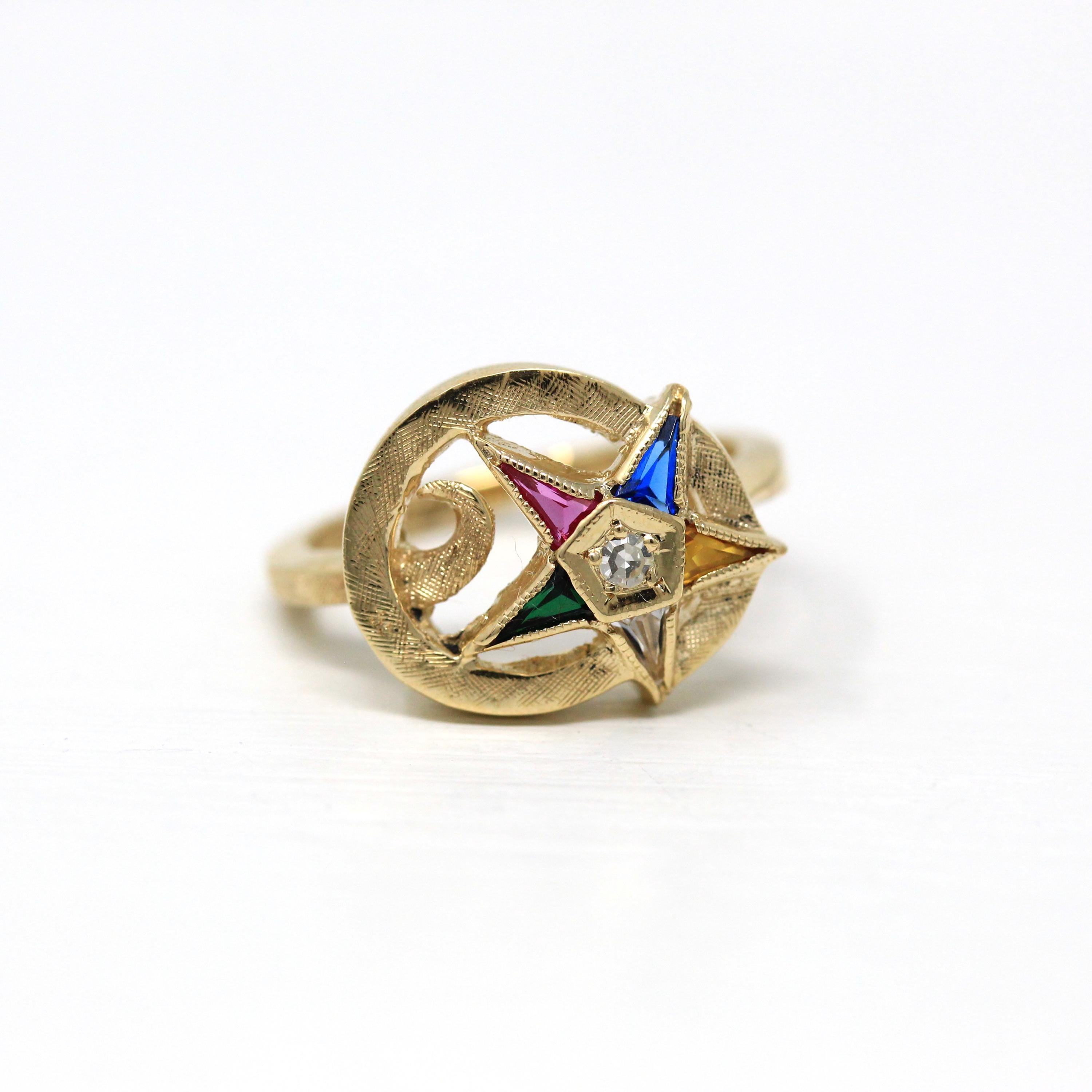 Vintage OES Ring - Retro 10k Yellow Gold Genuine Diamond Created Stone Statement - Circa 1960s Size 5 3/4 Order Of The Eastern Star Jewelry