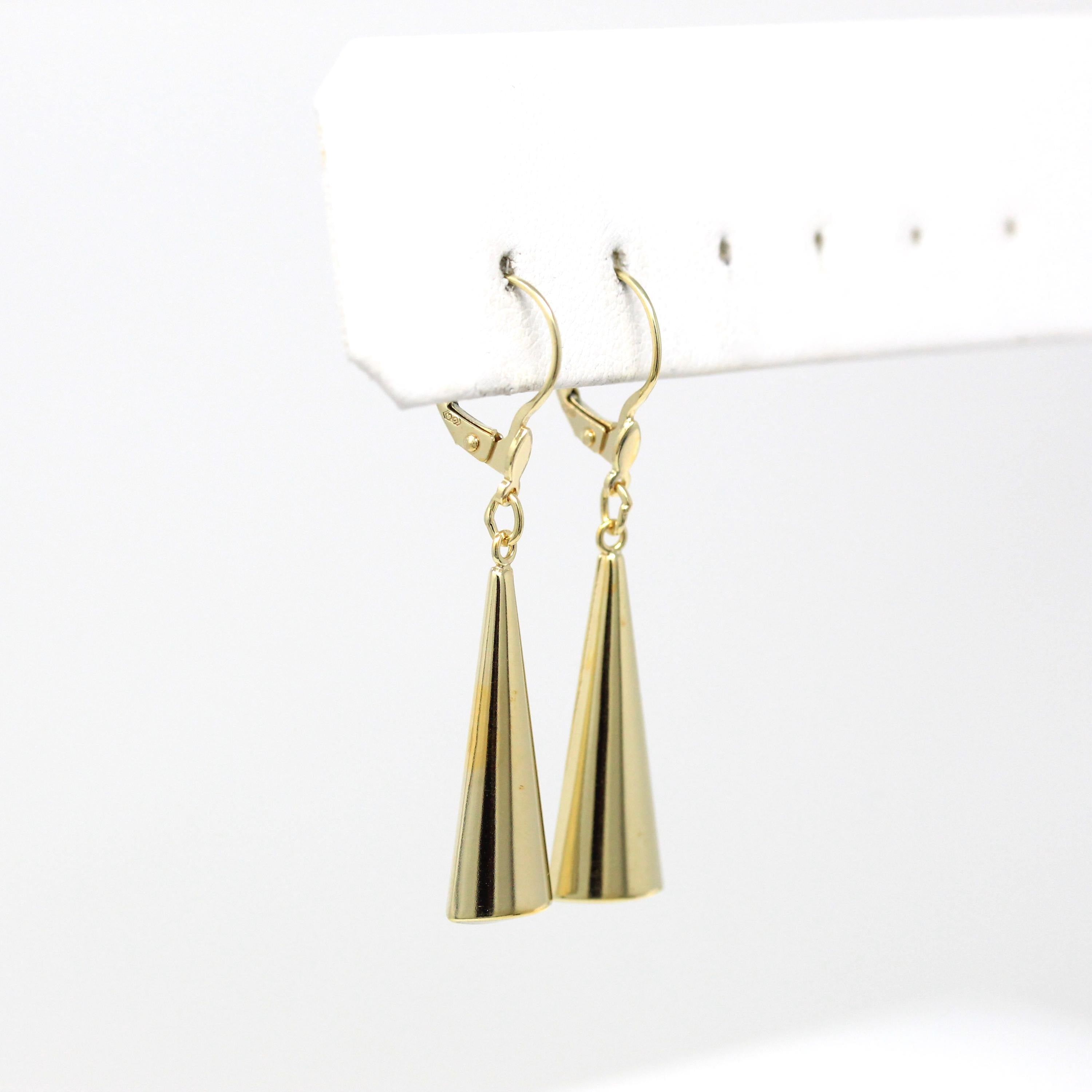 Estate Triangle Earrings - Modern 585 14k Yellow Gold New Old Stock Lever Backs - Circa 1990s Era Statement Dangle Drop Fine 90s Jewelry