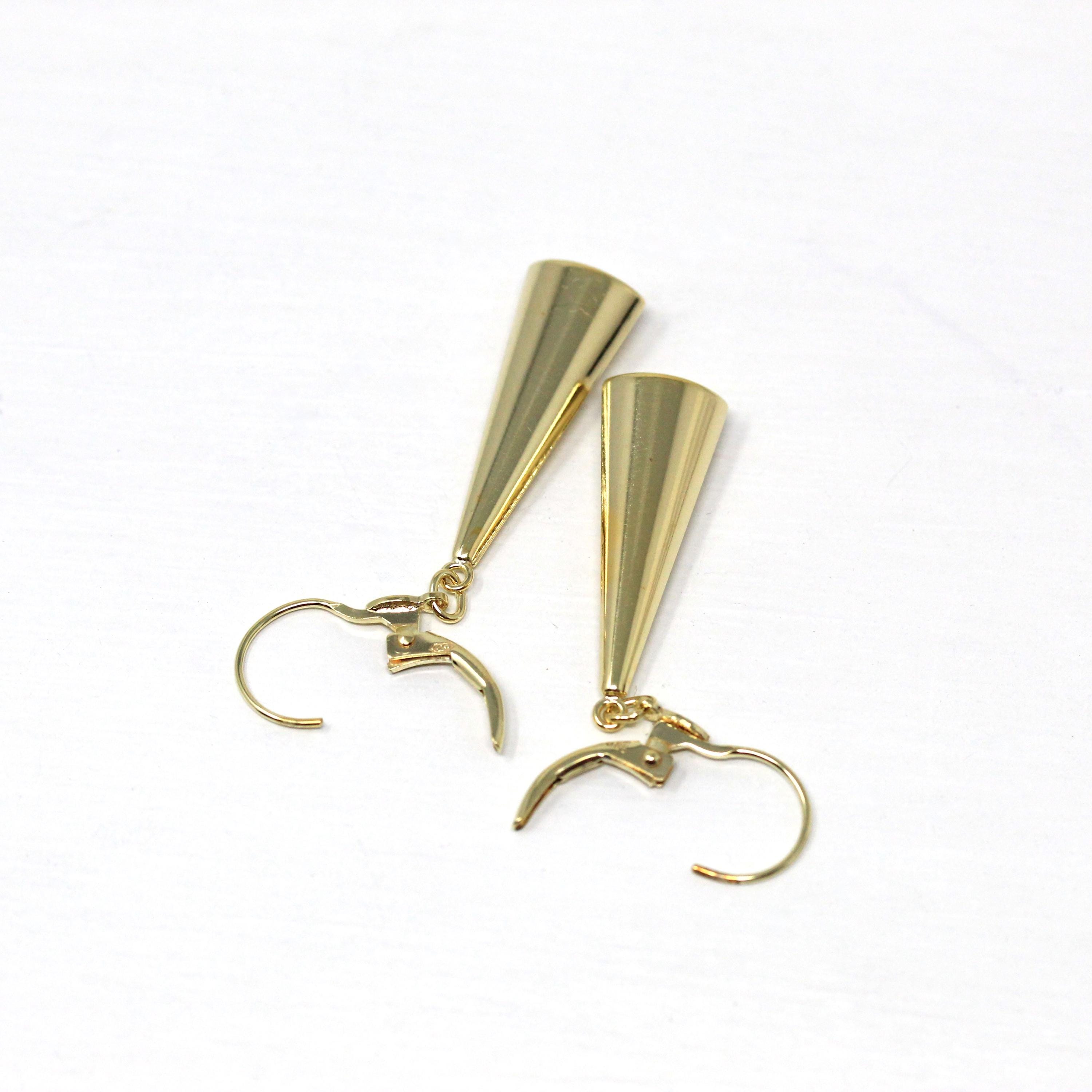 Estate Triangle Earrings - Modern 585 14k Yellow Gold New Old Stock Lever Backs - Circa 1990s Era Statement Dangle Drop Fine 90s Jewelry