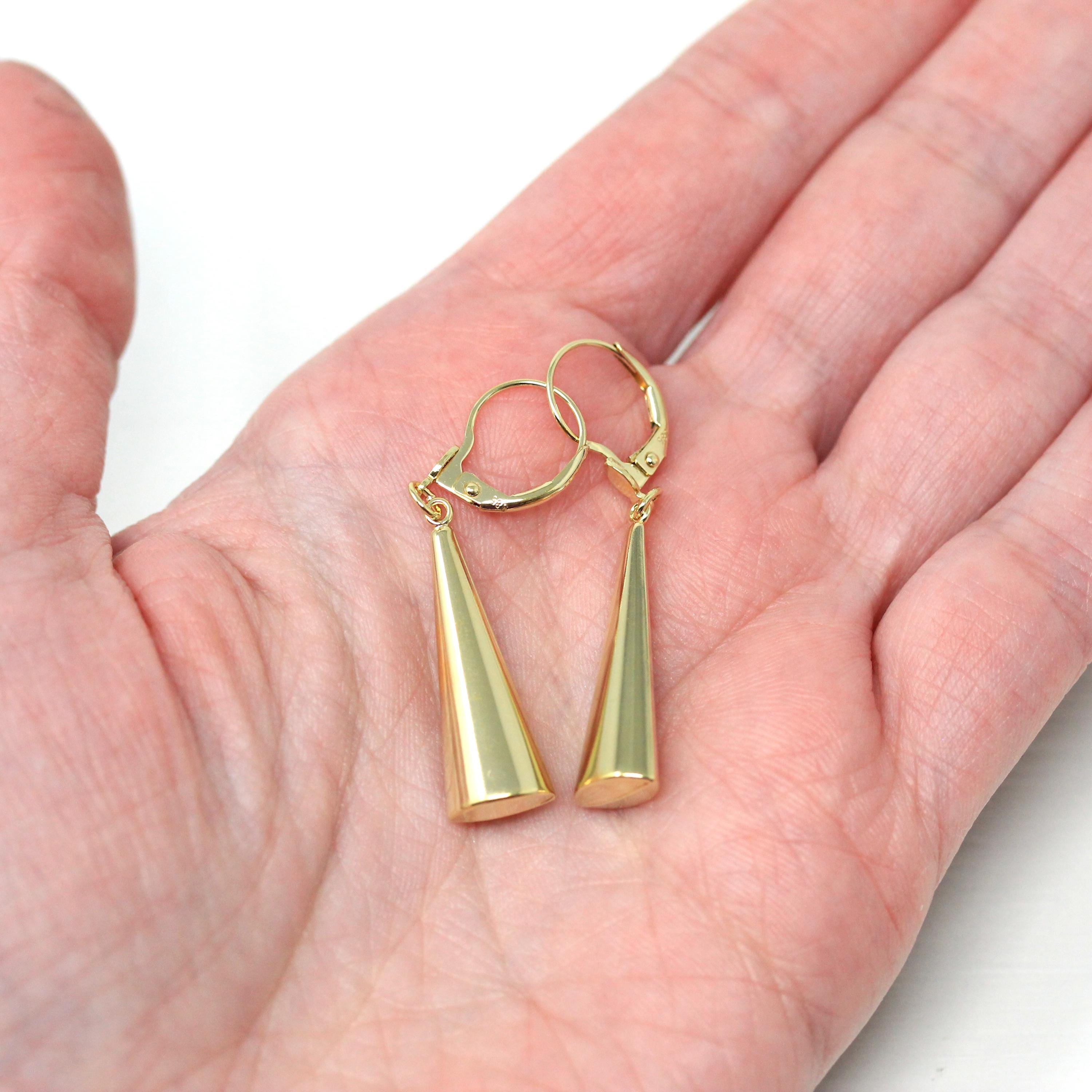 Estate Triangle Earrings - Modern 585 14k Yellow Gold New Old Stock Lever Backs - Circa 1990s Era Statement Dangle Drop Fine 90s Jewelry