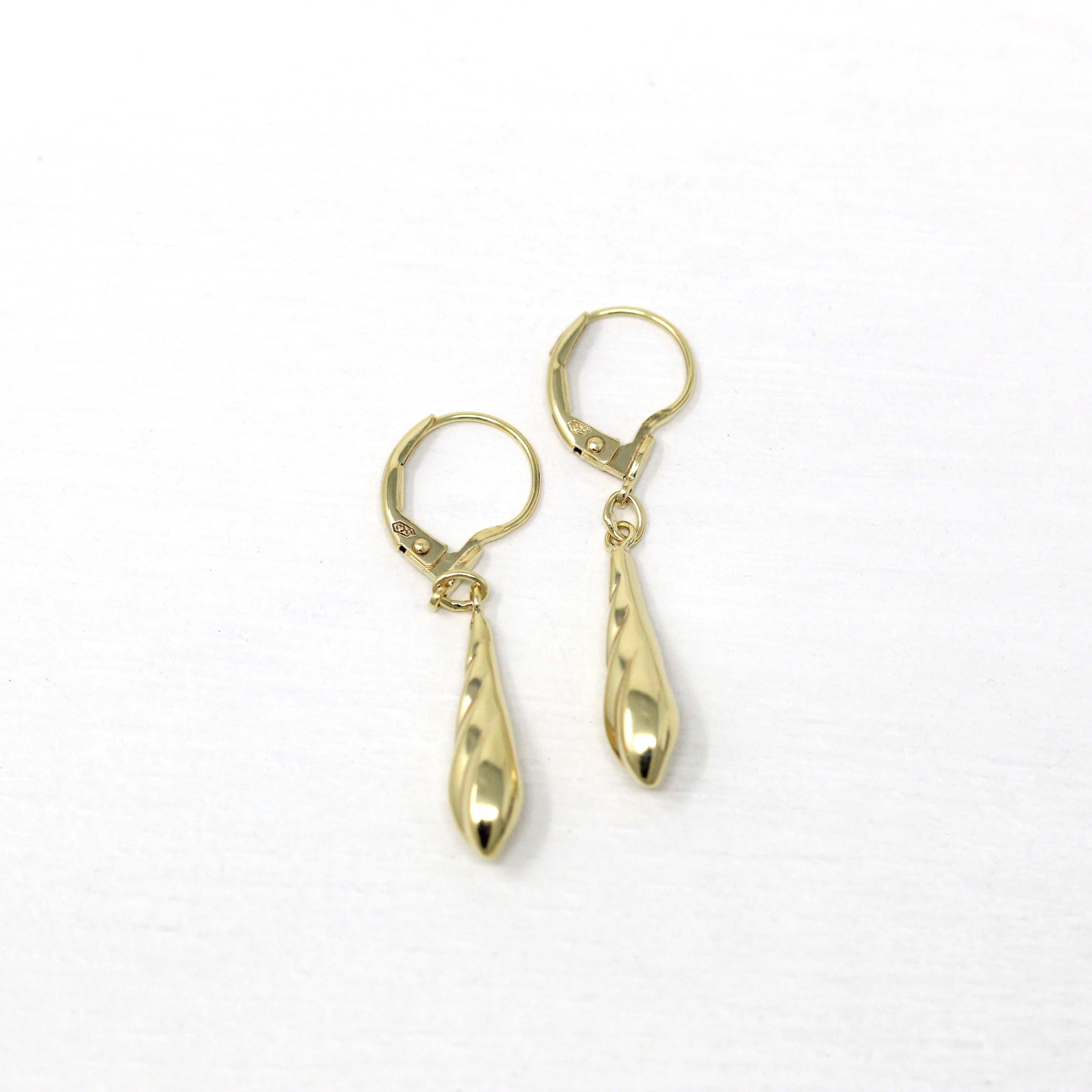 Dainty Estate Earrings - Modern 14k Yellow Gold Petite Dangle Drop Twisted Design Lever Back - Circa 1990's Era New Old Stock Fine Jewelry