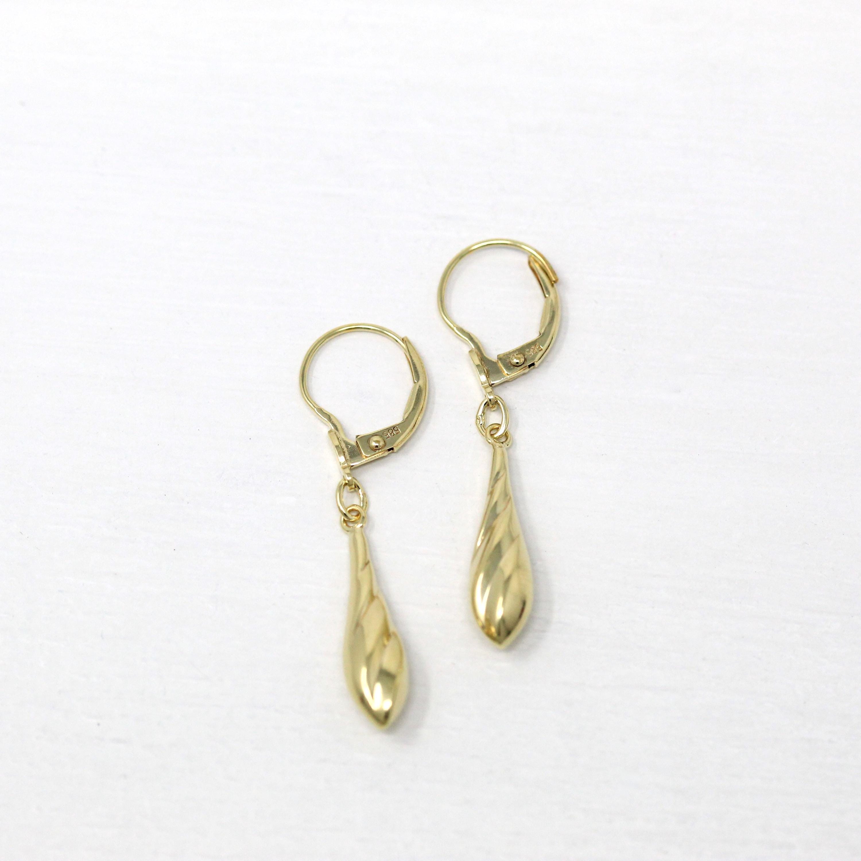 Dainty Estate Earrings - Modern 14k Yellow Gold Petite Dangle Drop Twisted Design Lever Back - Circa 1990's Era New Old Stock Fine Jewelry