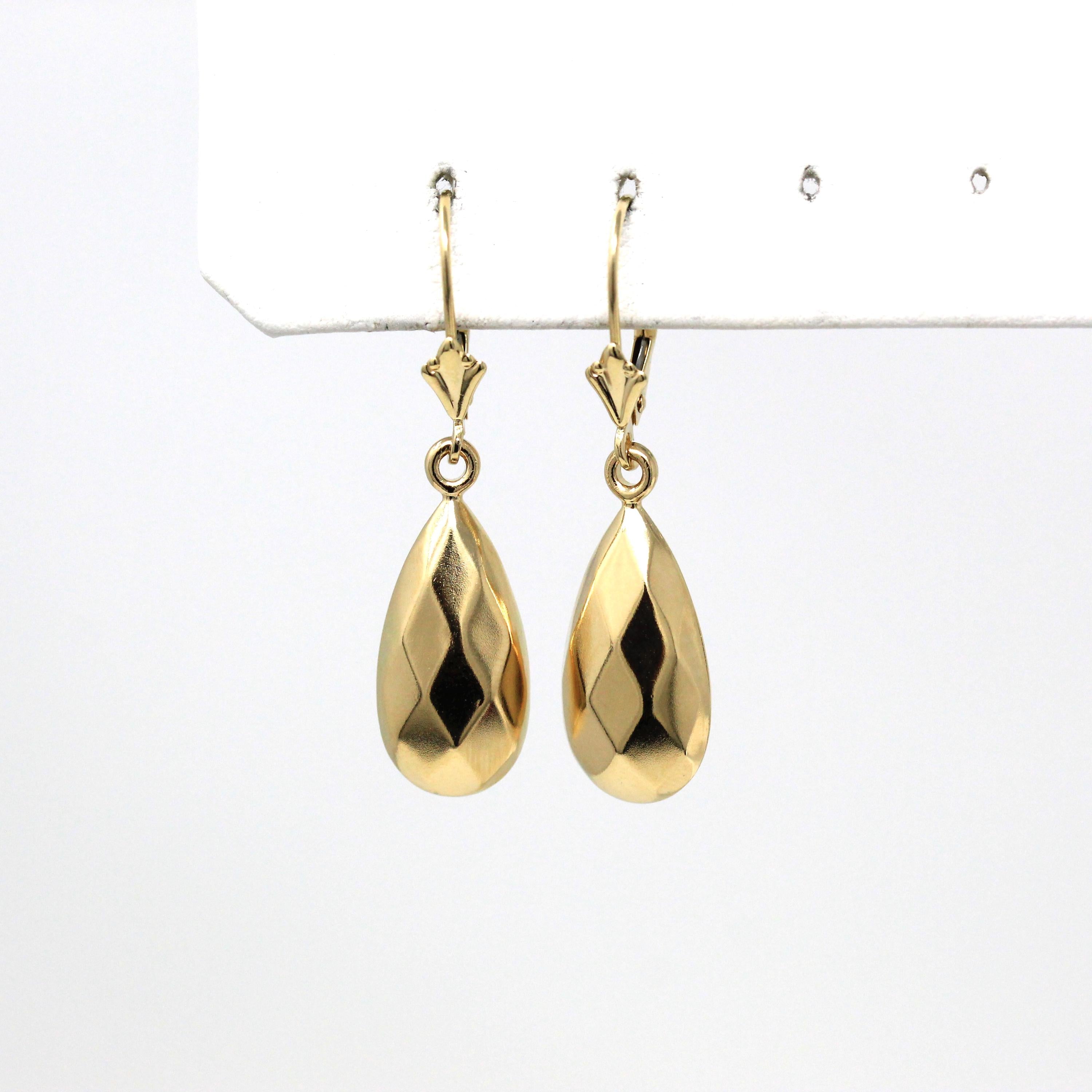 Faceted Teardrop Earrings - Modern 14k Yellow Gold Geometric Design Lever Back - Circa 1990's Era New Old Stock Fine Michael Anthony Jewelry