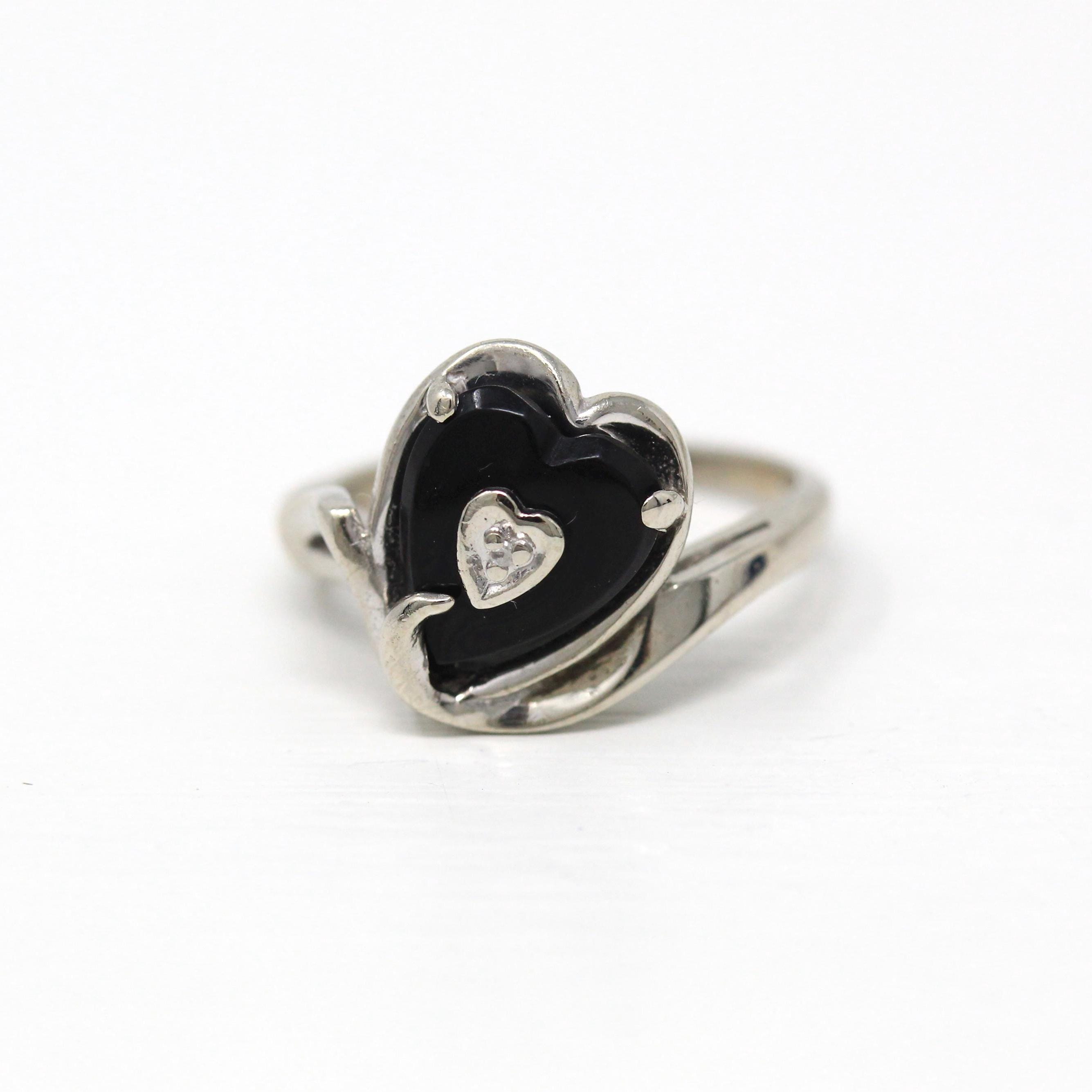 Vintage Onyx Ring - Retro 10k White Gold Genuine Black Gem & Diamond Statement - Circa 1960s Era Size 5 Heart Shaped 60s Love Fine Jewelry