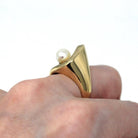 Cultured Pearl Ring - Retro 10k Yellow Gold 6.5 mm Round White Gem - Vintage Circa 1970s Era Size 6 New Old Stock Swoop Statement Jewelry