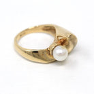 Cultured Pearl Ring - Retro 10k Yellow Gold 6.5 mm Round White Gem - Vintage Circa 1970s Era Size 6 New Old Stock Swoop Statement Jewelry