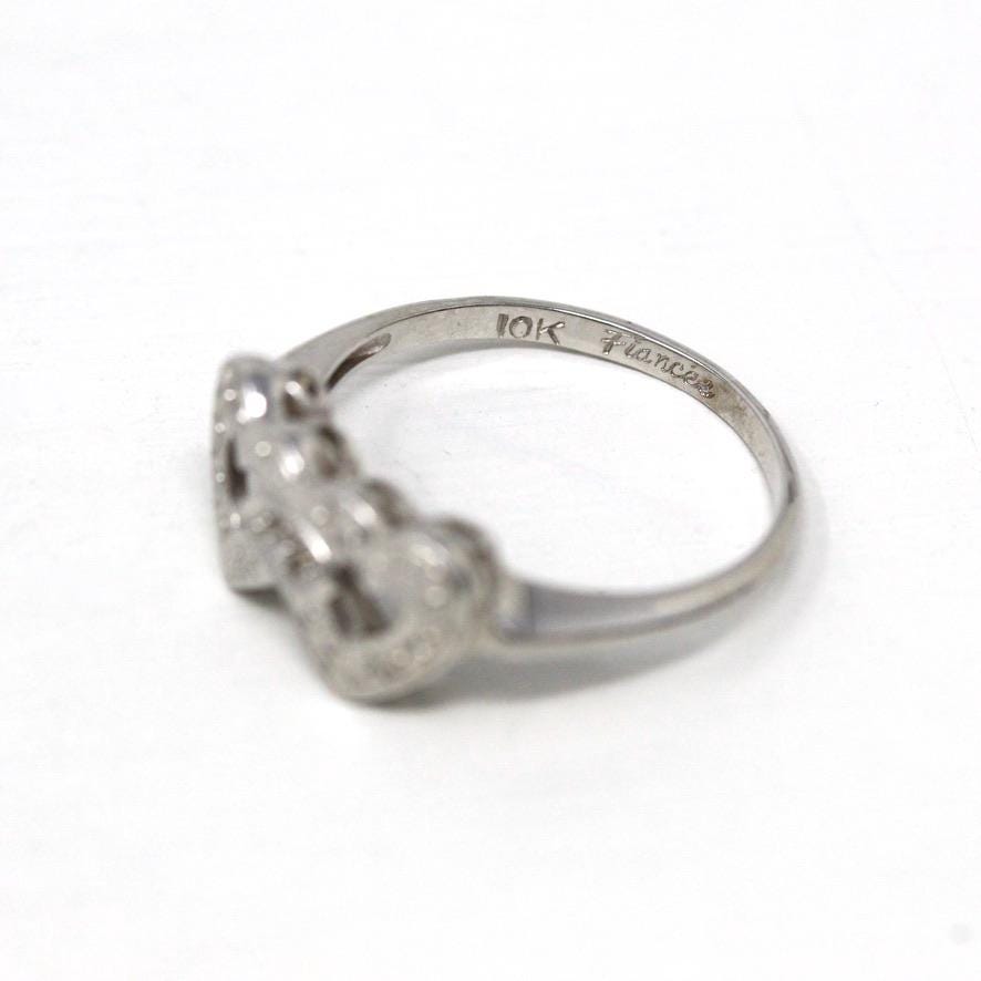 Vintage Double Heart Ring - Mid Century 14k White Gold Sweetheart Diamond Statement - Circa 1950s Era Size 6 1/4 Promise 50s Fine Jewelry