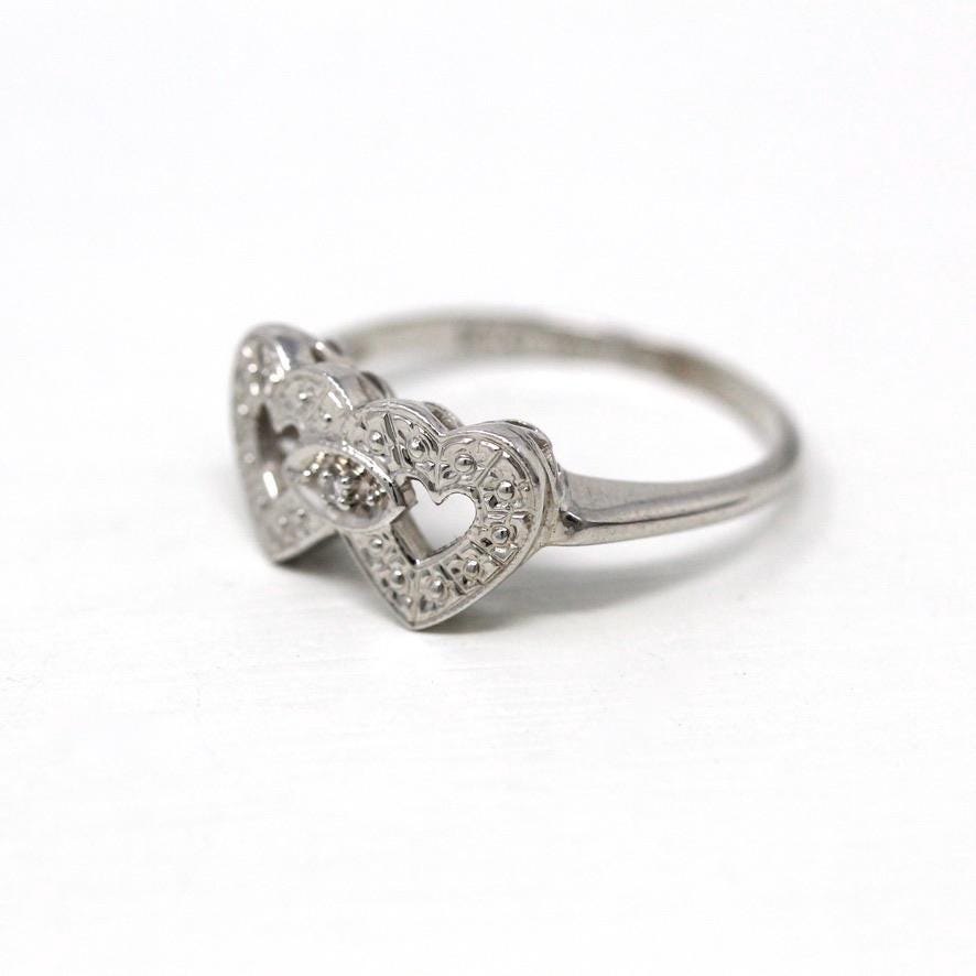 Vintage Double Heart Ring - Mid Century 14k White Gold Sweetheart Diamond Statement - Circa 1950s Era Size 6 1/4 Promise 50s Fine Jewelry