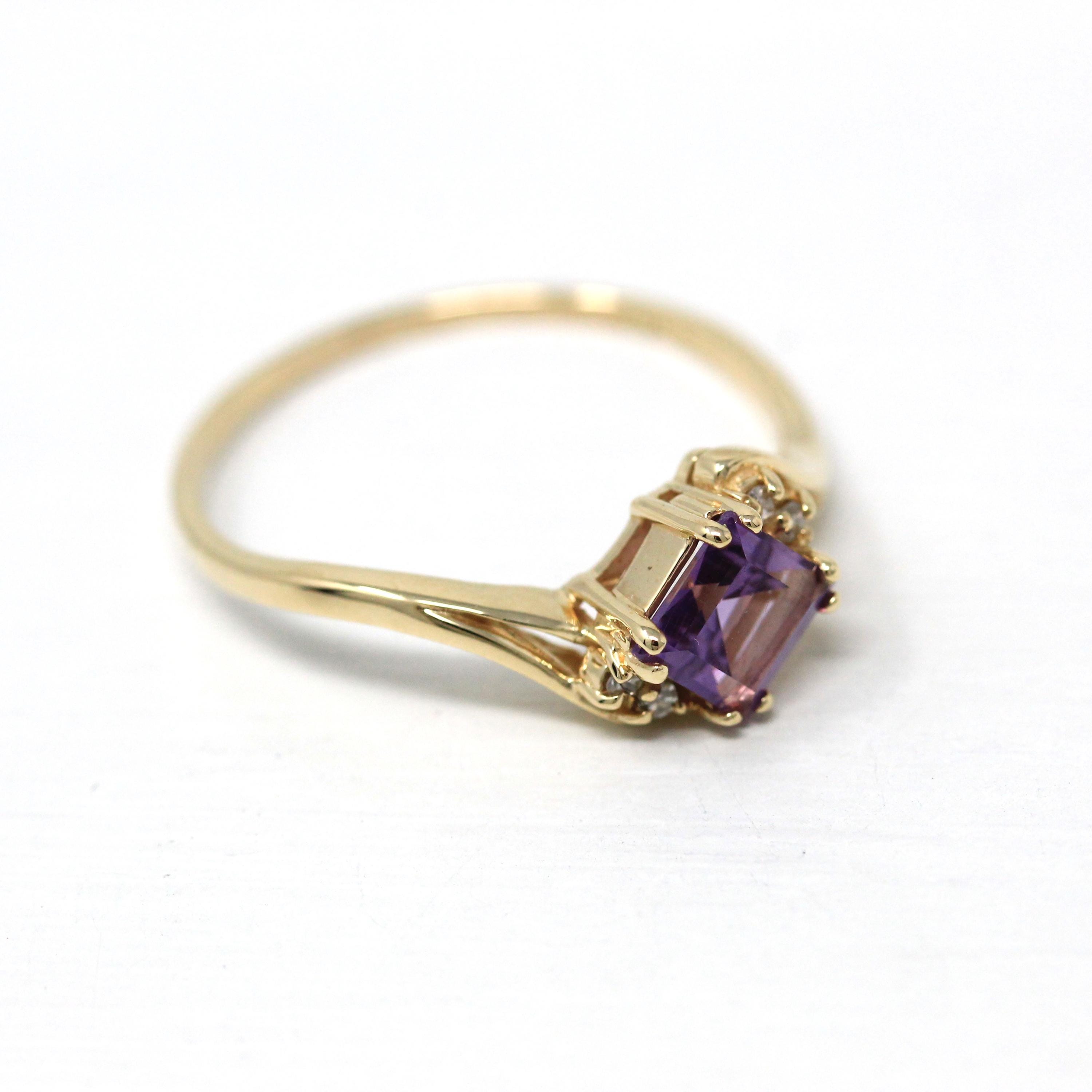 Genuine Amethyst Ring - Estate 10k Yellow Gold Square Faceted Purple Gemstone - Modern Circa 2000s Size 12 Diamond Bypass Fine Jewelry