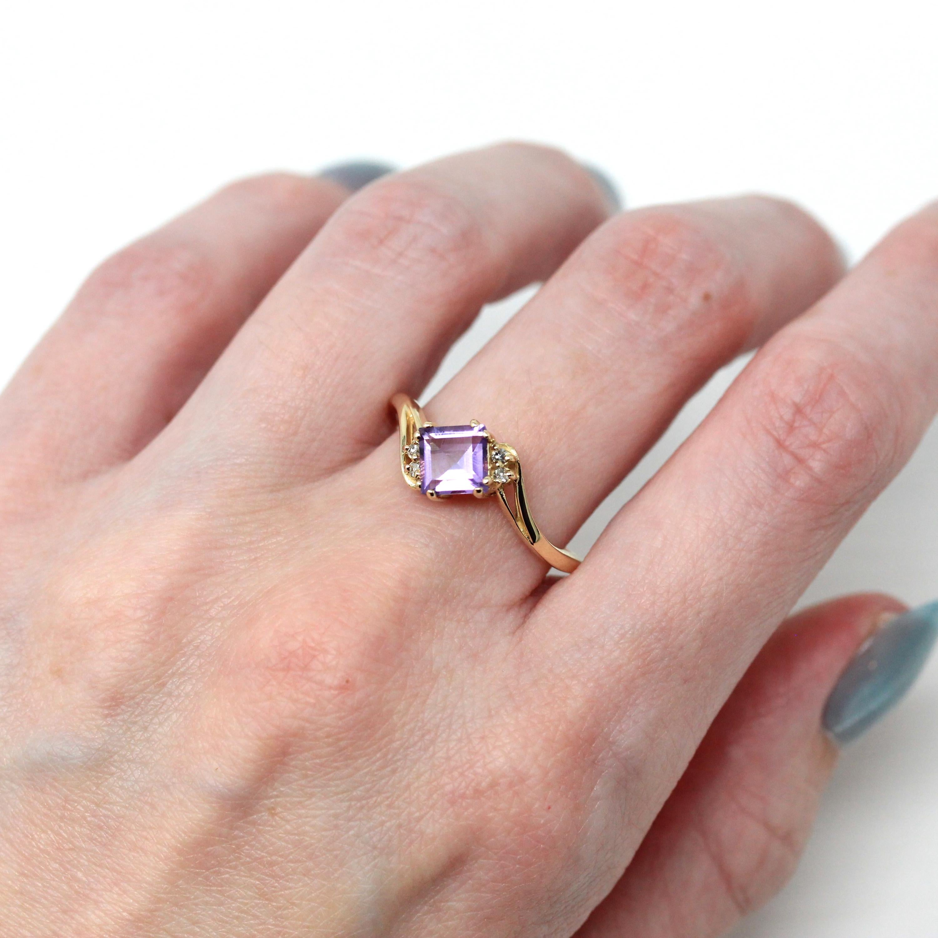 Genuine Amethyst Ring - Estate 10k Yellow Gold Square Faceted Purple Gemstone - Modern Circa 2000s Size 12 Diamond Bypass Fine Jewelry