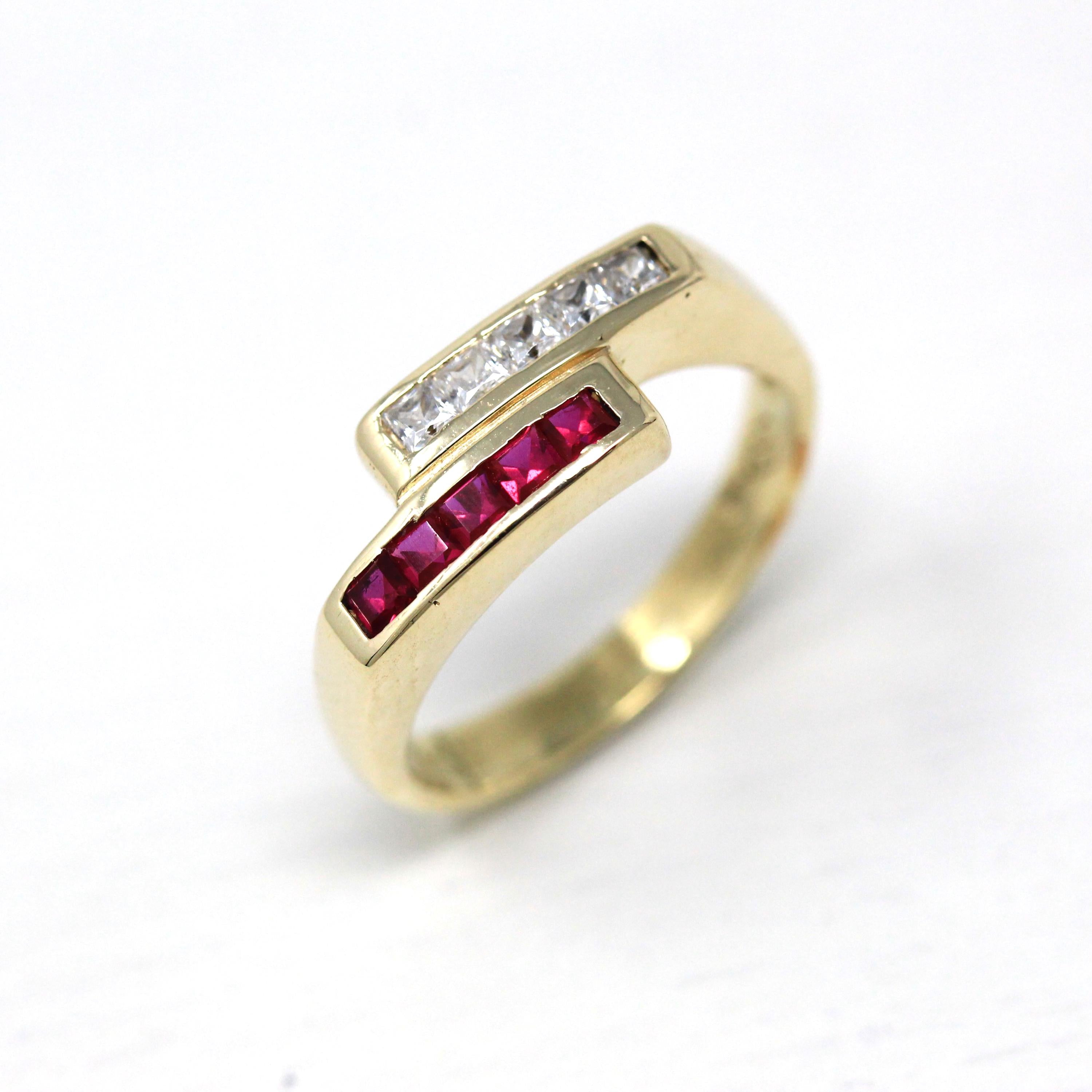 Modern Bypass Ring - Estate 14k Yellow Gold Created Ruby Channel Set - Modern Circa 2000s CZ Cubic Zirconia Gemstone Size 5 1/4 Fine Jewelry